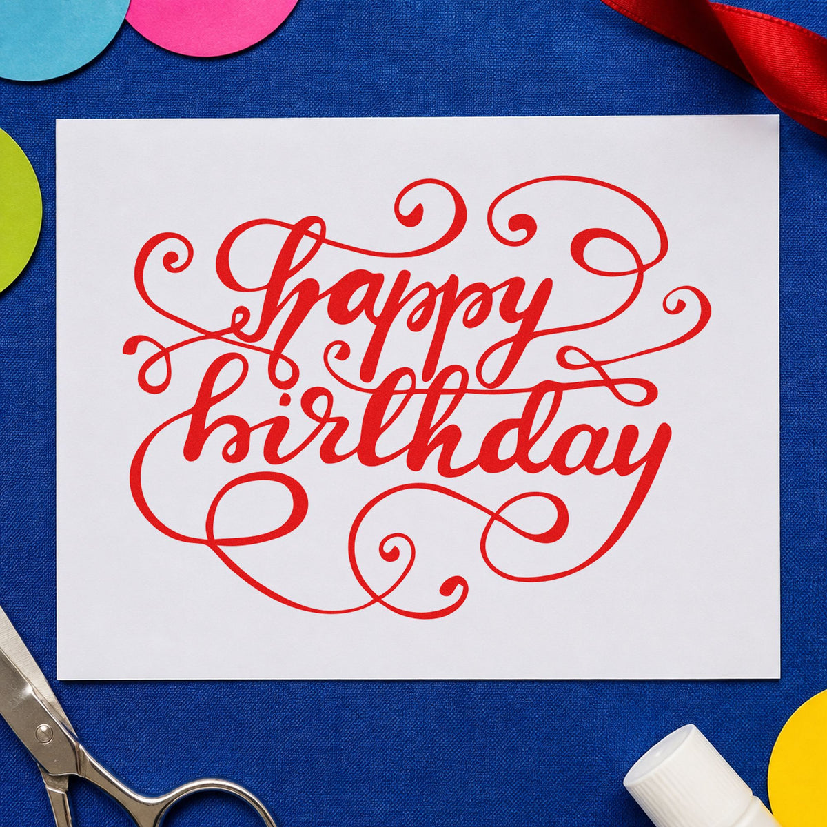 Happy Birthday Ornate Loops rubber stamp shown in red ink, stamped for projects such as box decade labels.