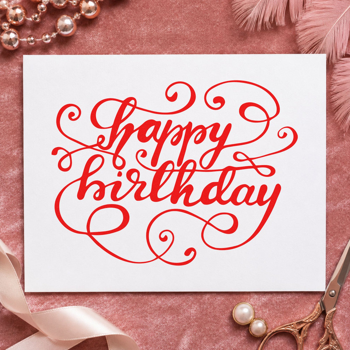 Happy Birthday Ornate Loops craft stamp imprint in red ink on a handmade project, one idea being story prompt cards.