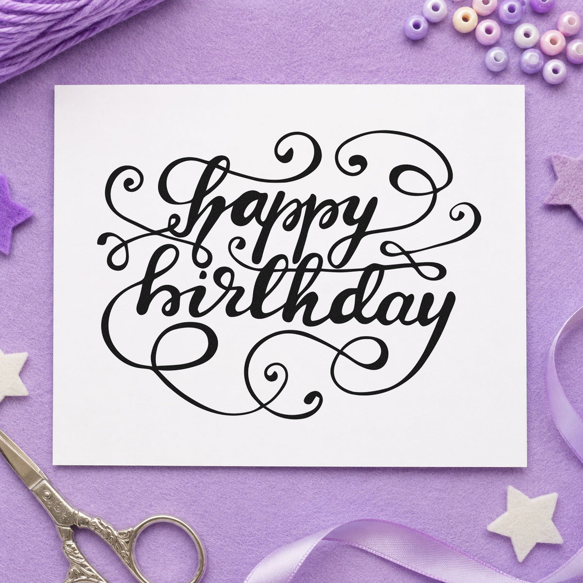 Happy Birthday Ornate Loops rubber stamp printed in black ink, ready for swirling loop cards and similar paper crafts.