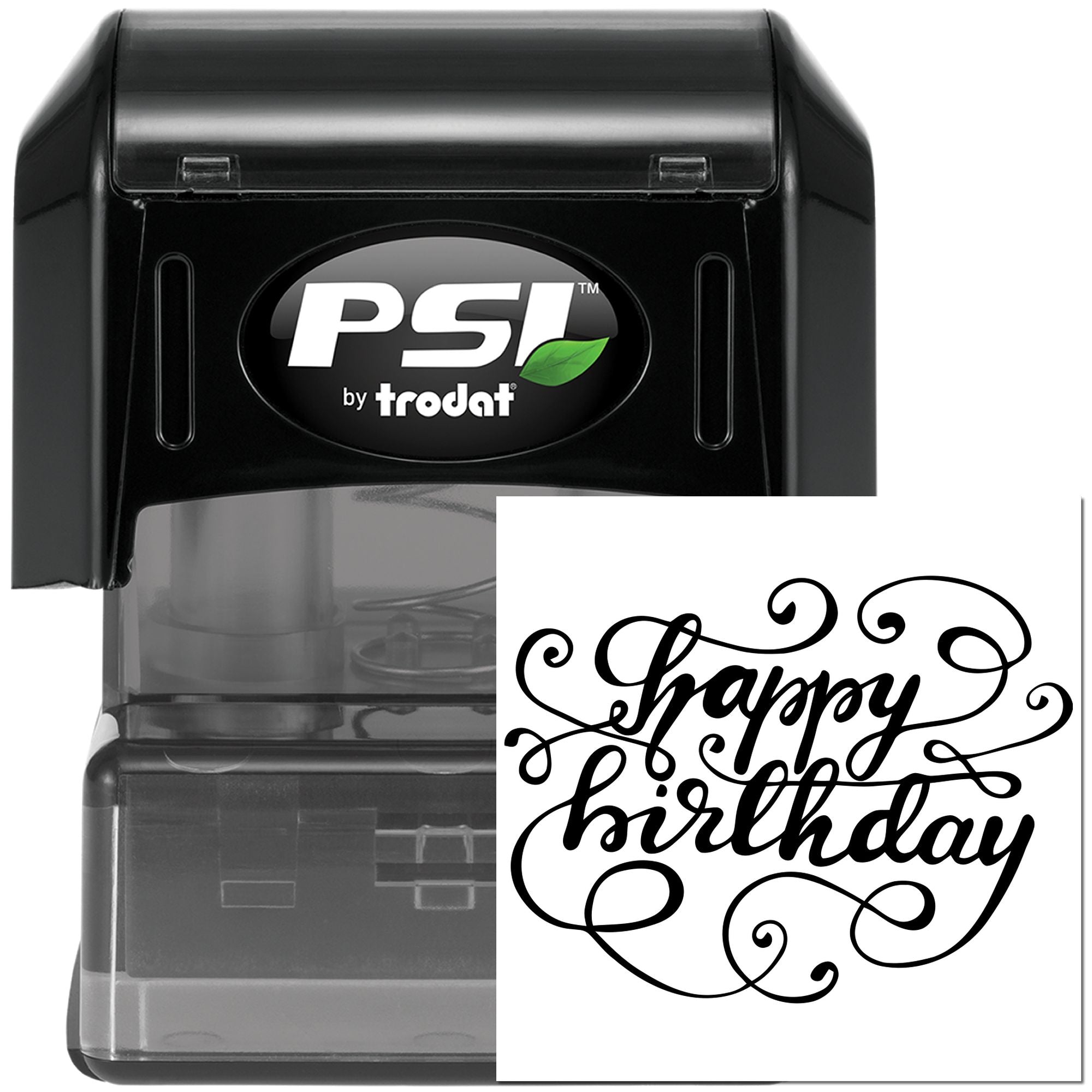PSI by Trodat self-inking rubber stamp with decorative Happy Birthday design for cards, invitations, and party crafts.