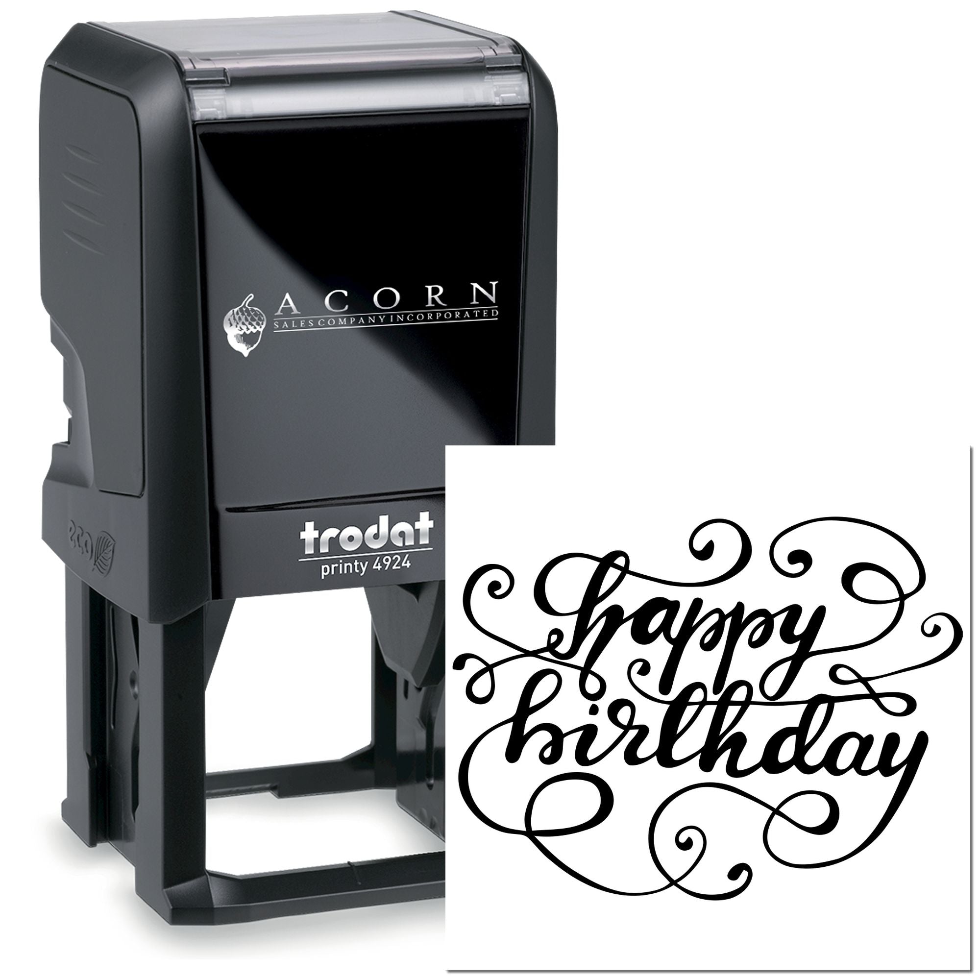 Custom self-inking rubber stamp with decorative Happy Birthday script for personalized greeting cards and invitations.