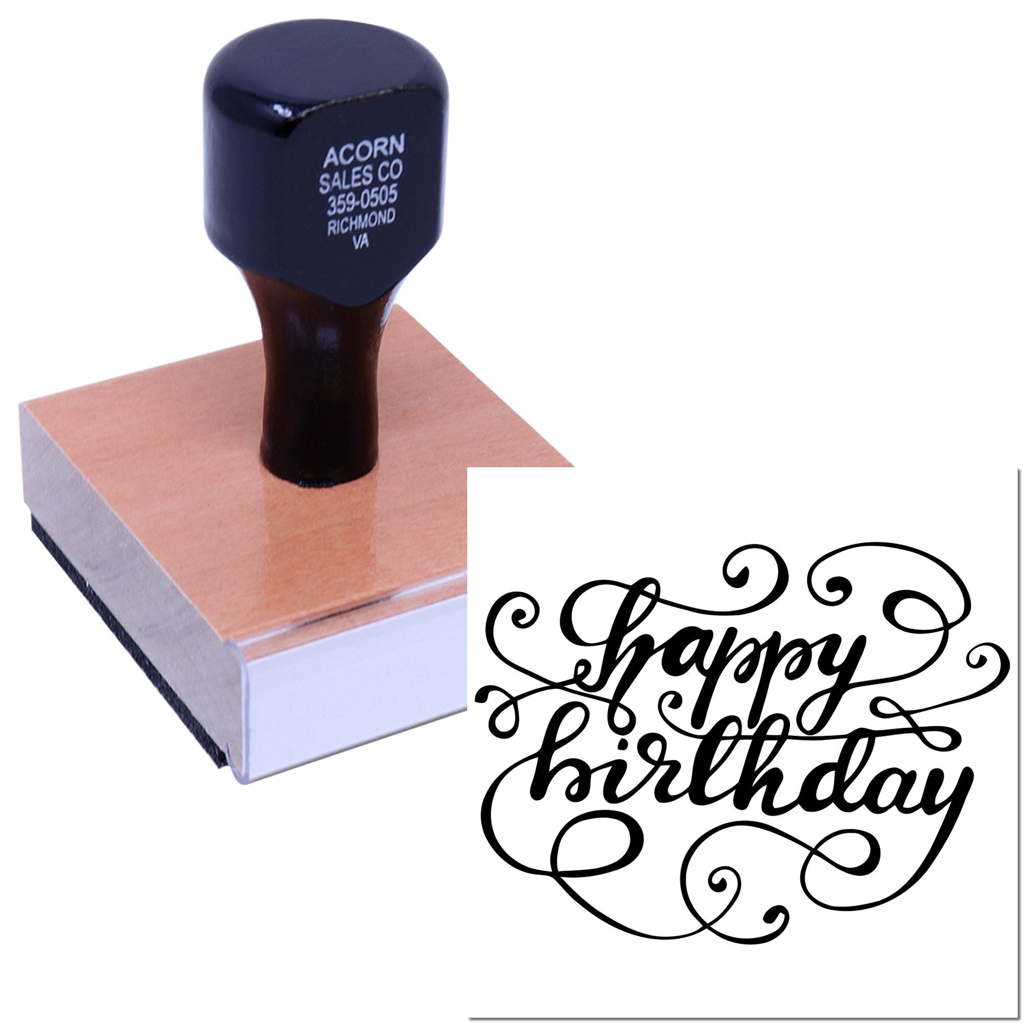 Custom Happy Birthday rubber stamp on wood block for cards, packaging, and celebration crafts.