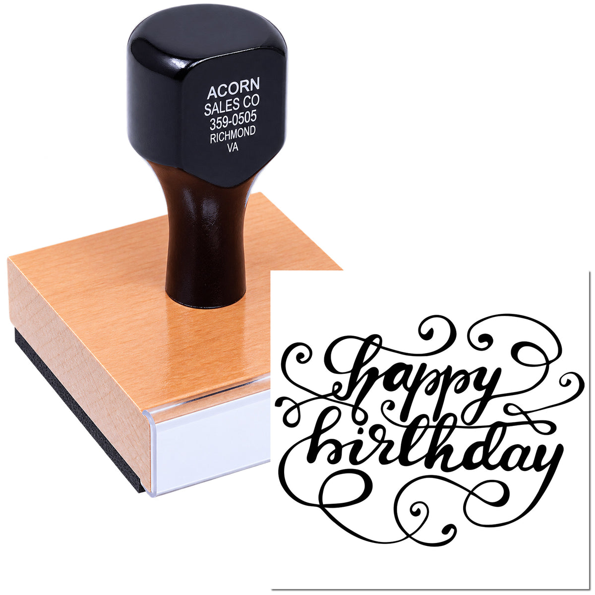 Custom Happy Birthday rubber stamp on wood block for cards, packaging, and celebration crafts.