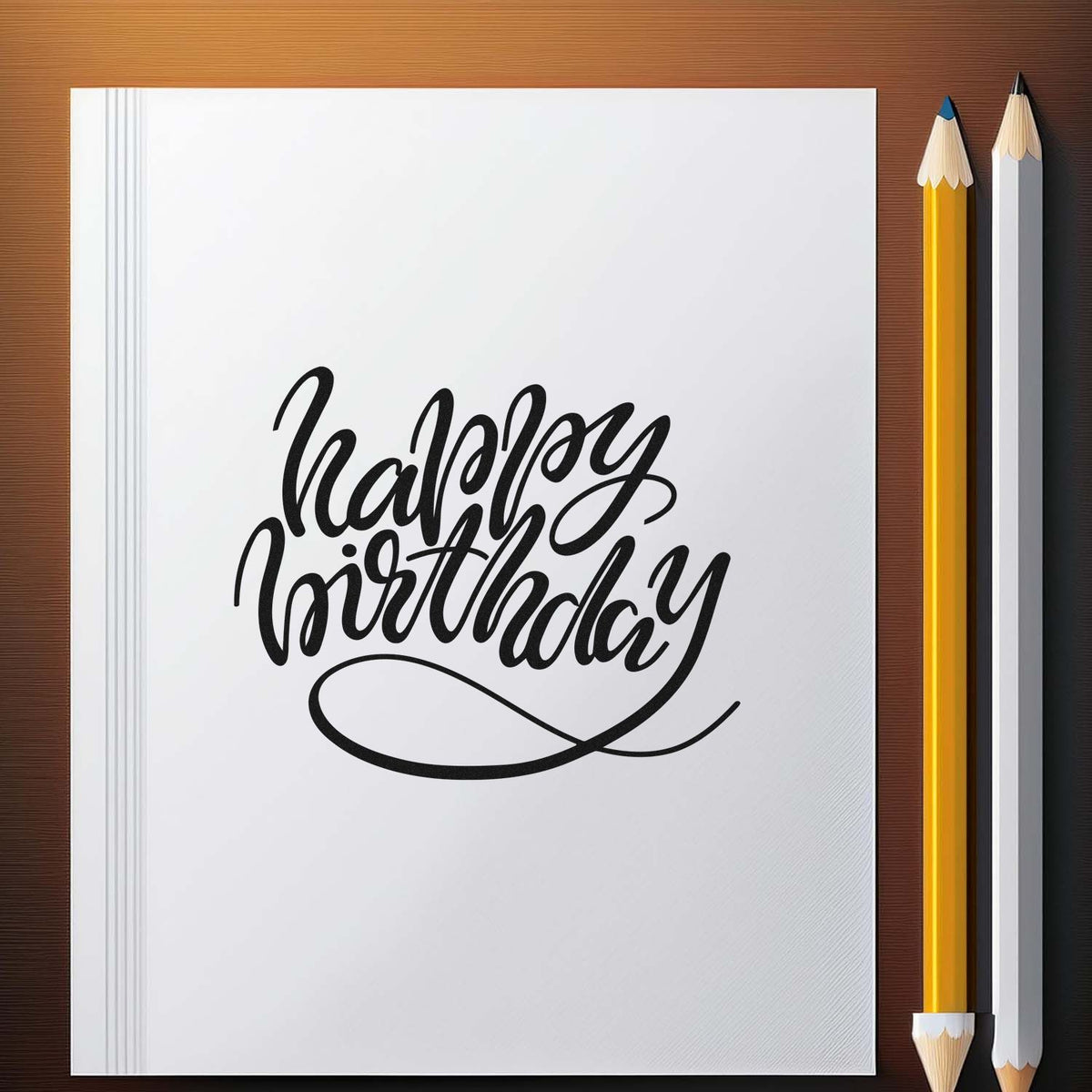 Vintage Pro Happy Birthday Loop Underline Script Lettering Premium Wooden Stamp imprint stamped in black ink. happy birthday appears in bold connected script above a large looped underline.