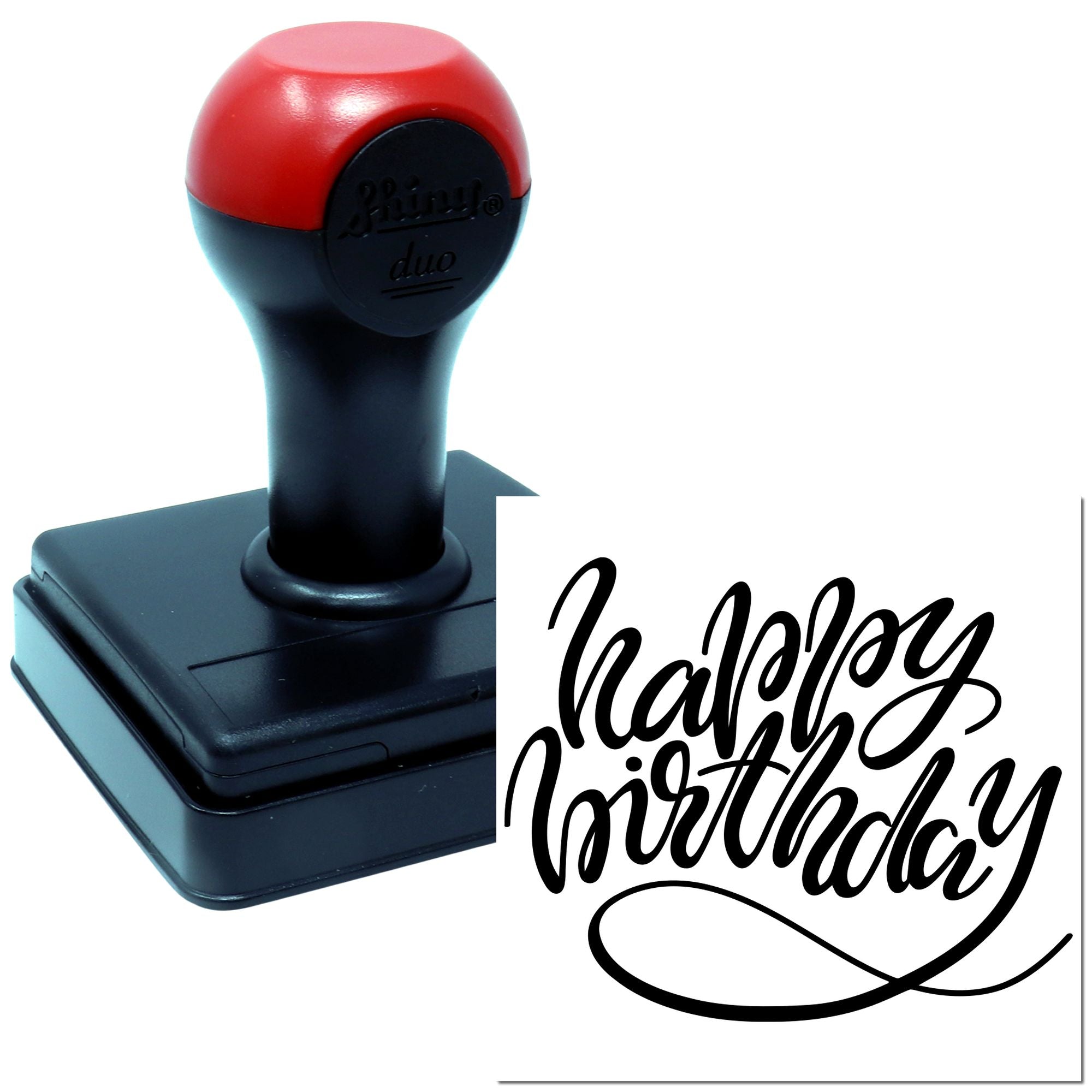 Happy Birthday self-inking rubber stamp for custom cards, party invitations, and gift packaging.