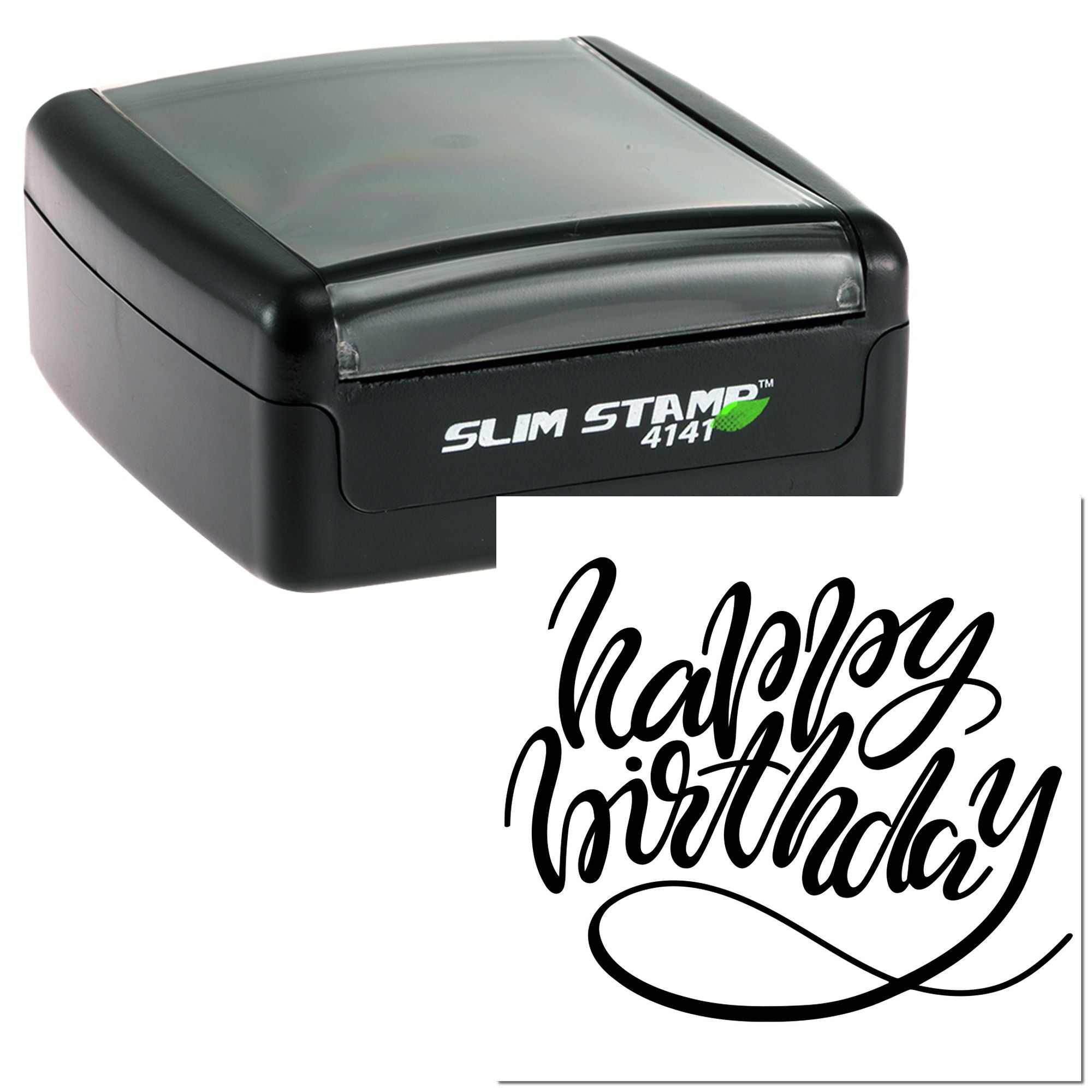 Slim Stamp 4141 self-inking rubber stamp with Happy Birthday script impression for custom birthday cards and greeting packaging