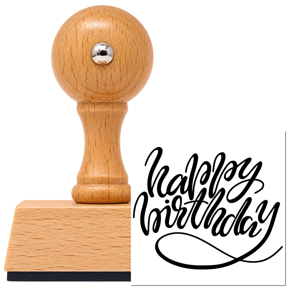 Happy Birthday Loop Underline Script Lettering Vintage Pro rubber stamp in European beech wood with a round knob handle, shown beside its black imprint.