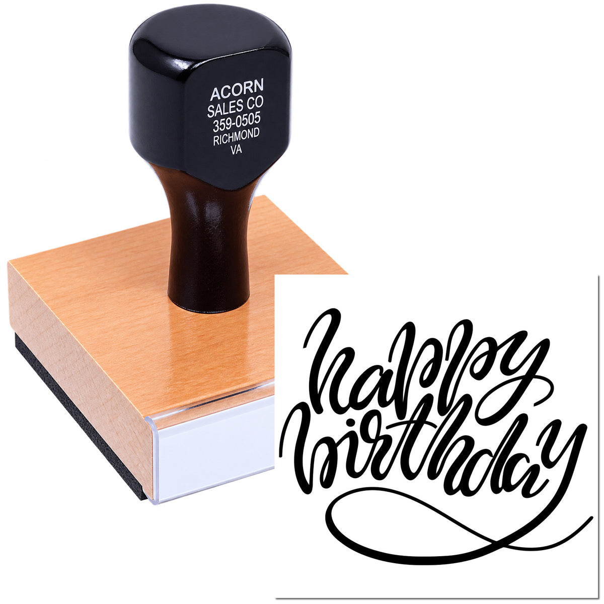 Custom rubber stamp with Happy Birthday script for birthday cards, invitations, and packaging.