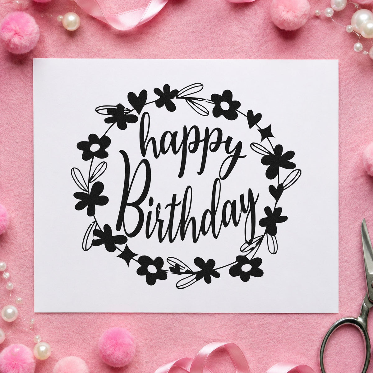 Birthday Flower Heart Wreath craft stamp in black ink on cardstock, an easy option for workshop album page.