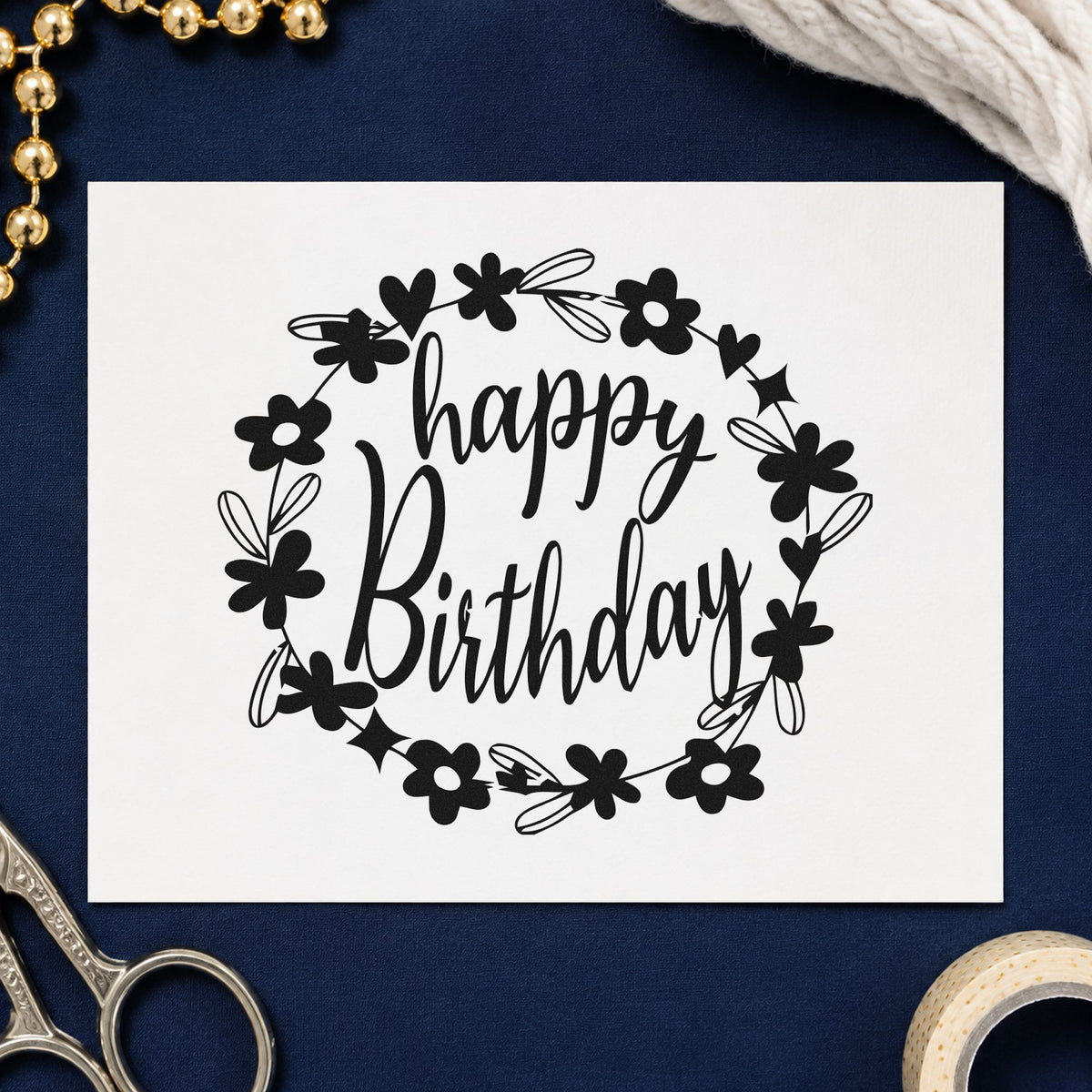 Birthday Flower Heart Wreath rubber stamp printed in black ink, ready for class plan sheet and similar paper crafts.
