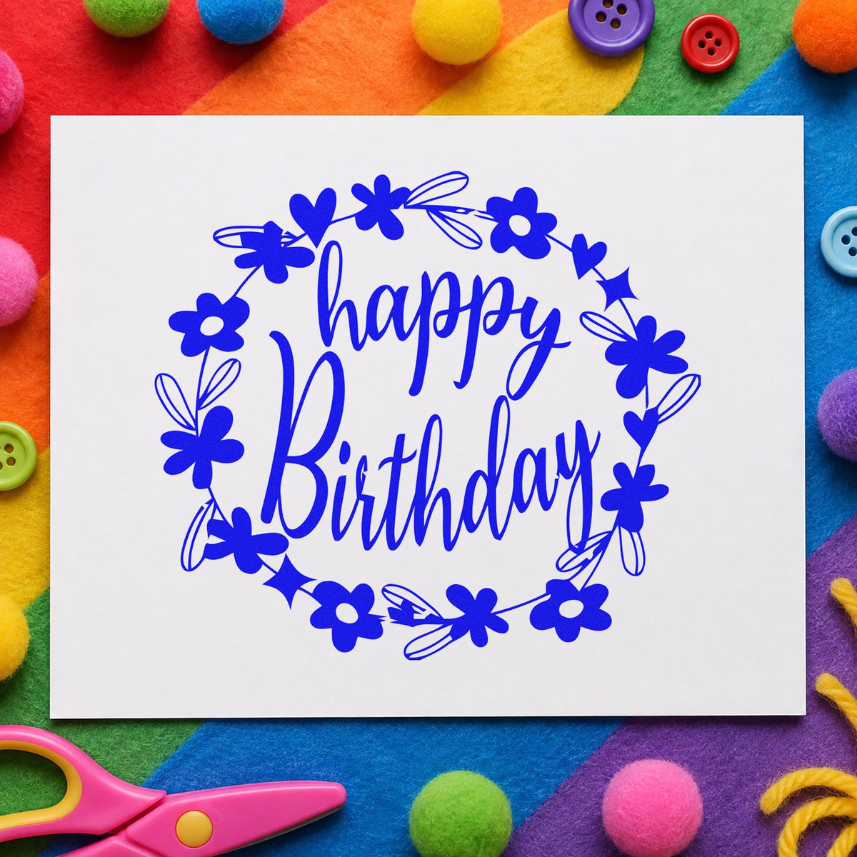 Birthday Flower Heart Wreath craft stamp in blue ink on cardstock, an easy option for table cover printing.