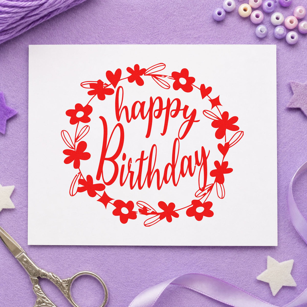 Birthday Flower Heart Wreath rubber stamp shown in red ink, stamped for projects such as bucket bloom labels.