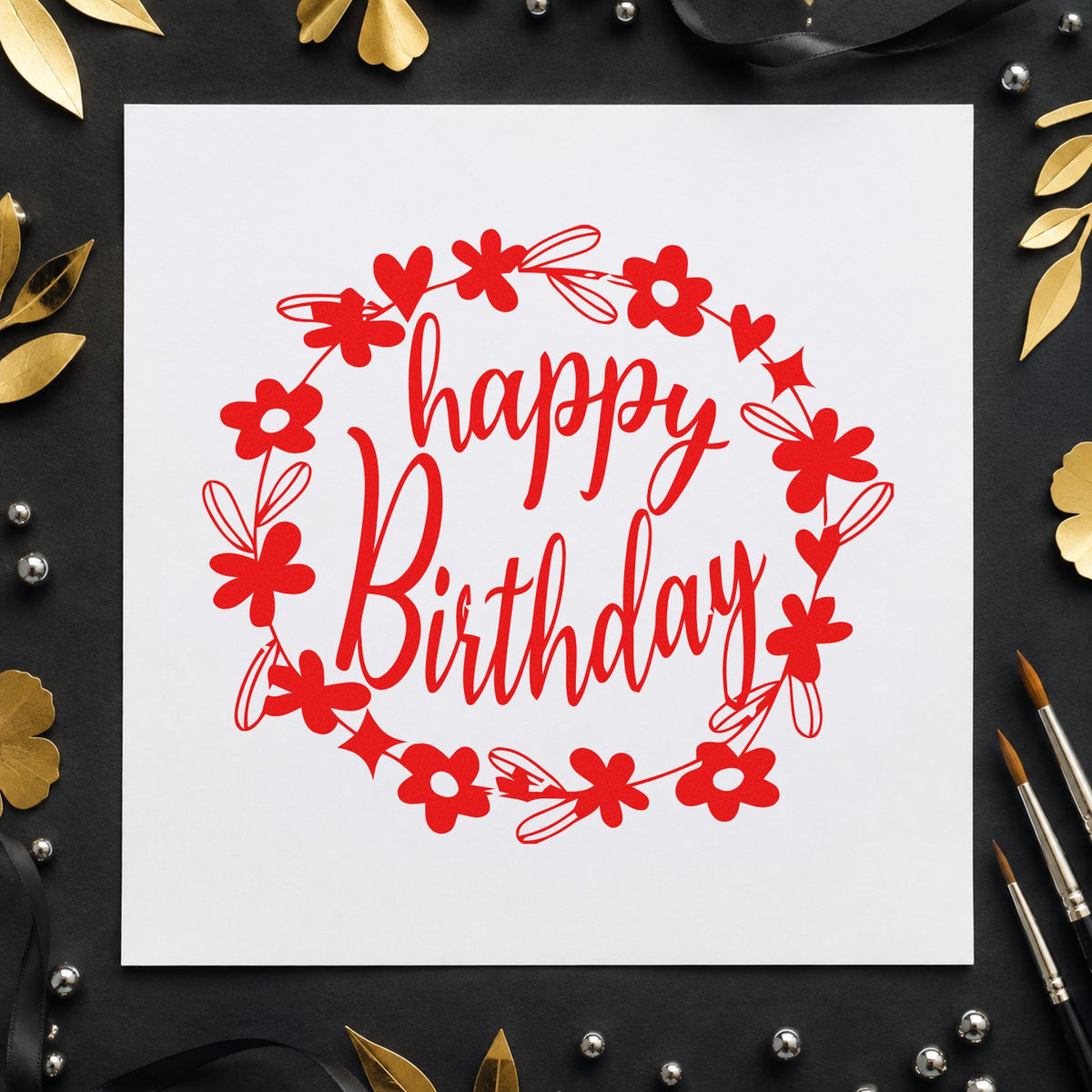Birthday Flower Heart Wreath craft stamp imprint in red ink on a handmade project, one idea being care note cards.