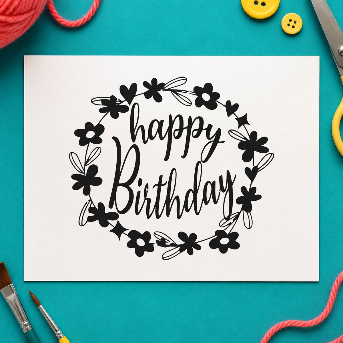 Birthday Flower Heart Wreath rubber stamp printed in black ink, ready for circular wreath cards and similar paper crafts.