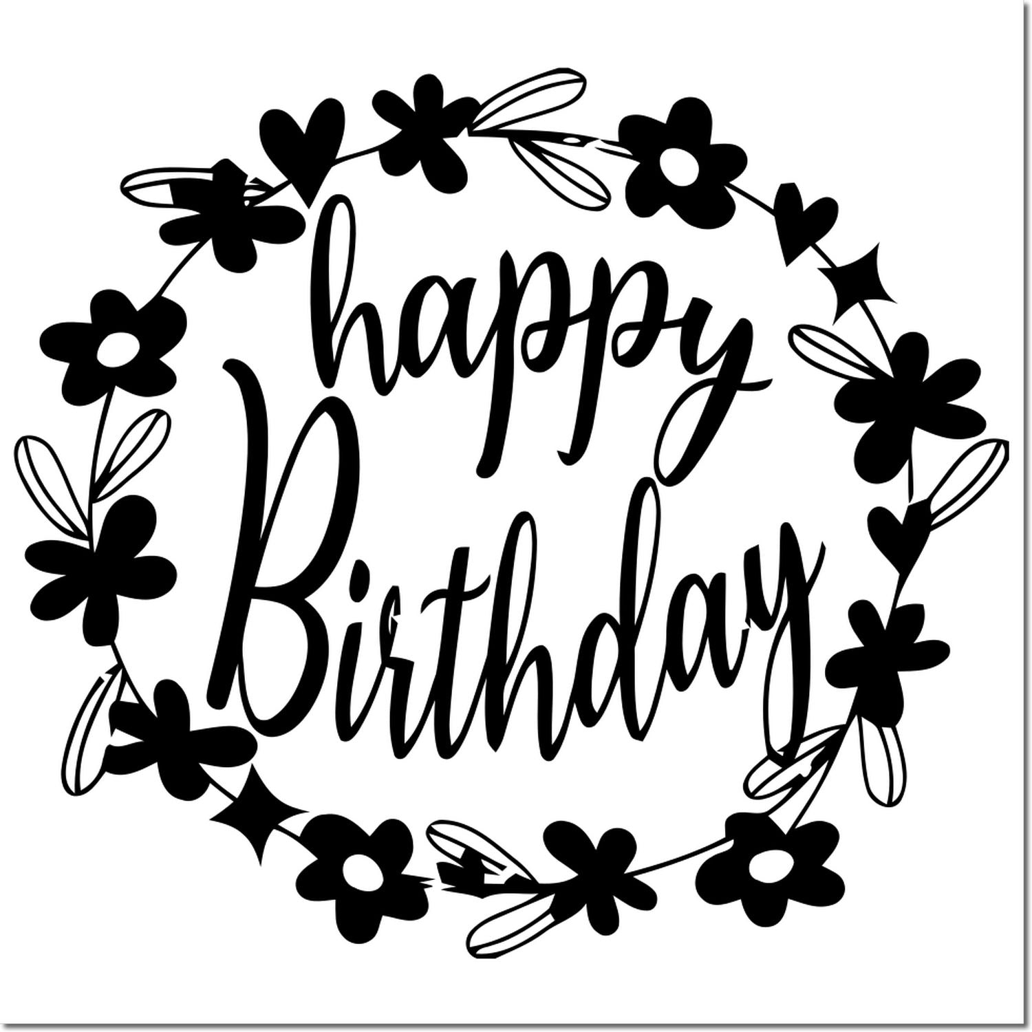 Happy Birthday floral wreath rubber stamp design with hand-lettered script and decorative flowers.