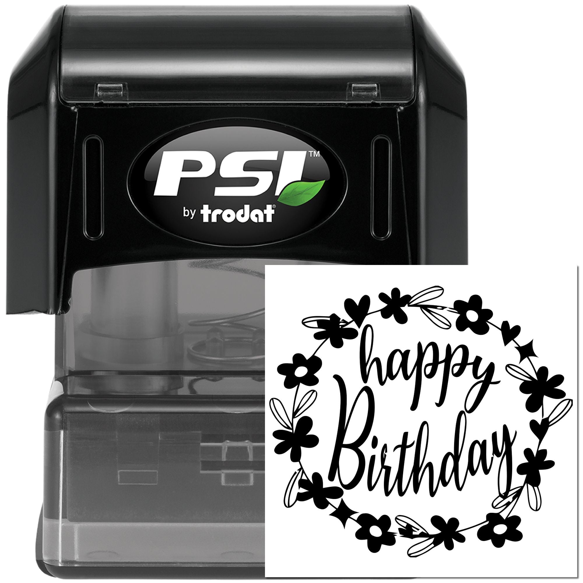 PSI by Trodat self-inking rubber stamp with Happy Birthday floral wreath design for custom birthday cards.