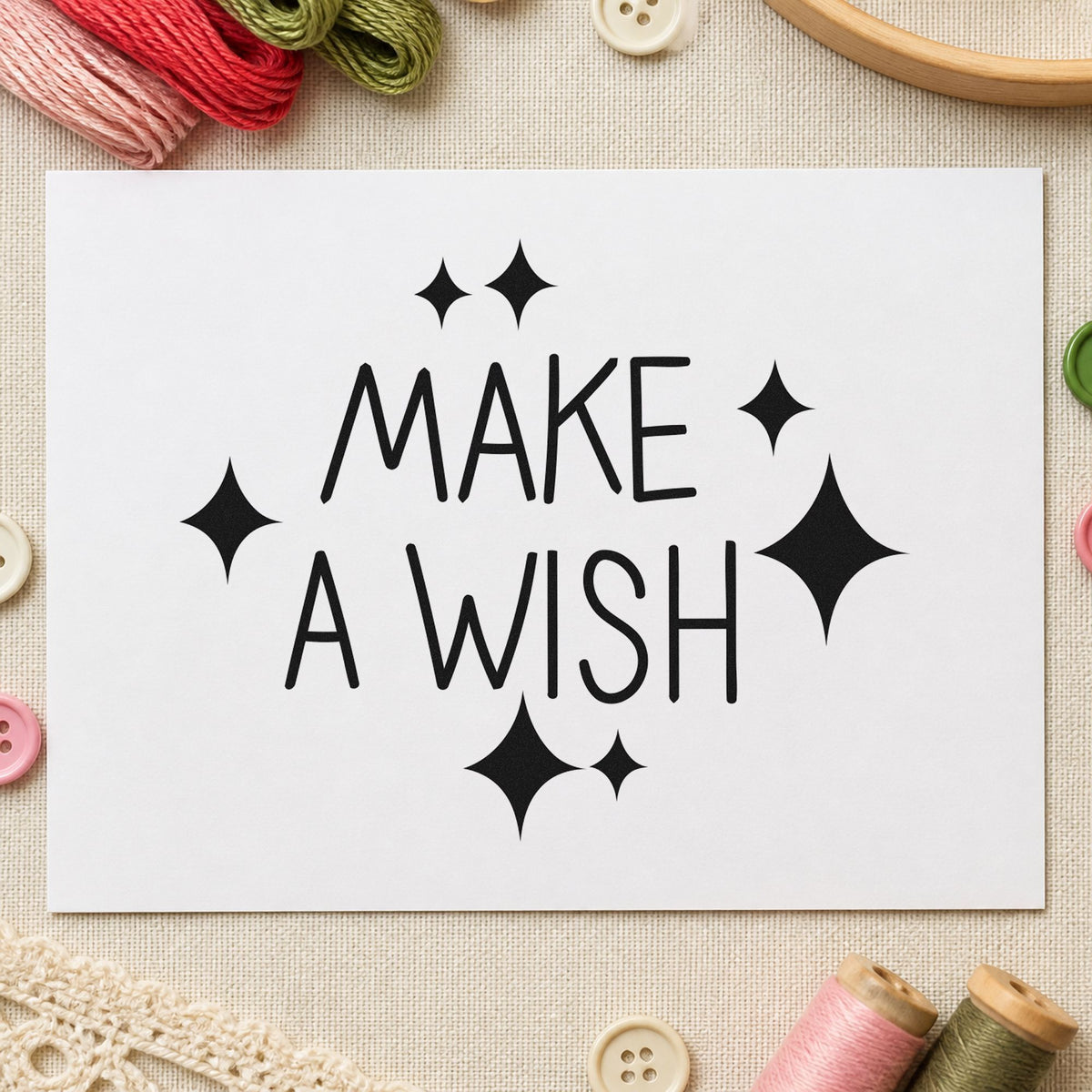 Make A Wish Sparkles rubber stamp printed in black ink, ready for year wish sheet and similar paper crafts.