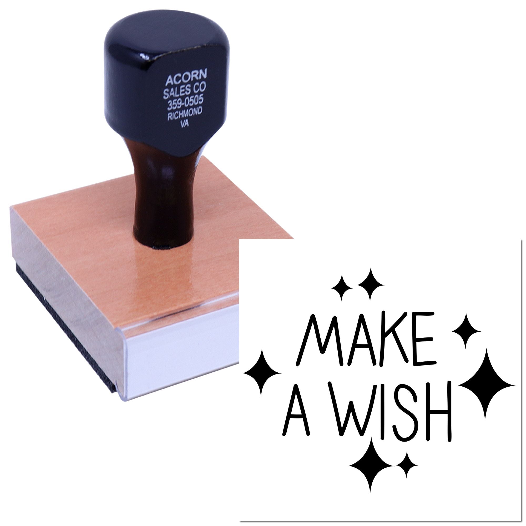 Custom rubber stamp with Make a Wish design and decorative sparkles, ideal for cards, crafts, and stamping projects.