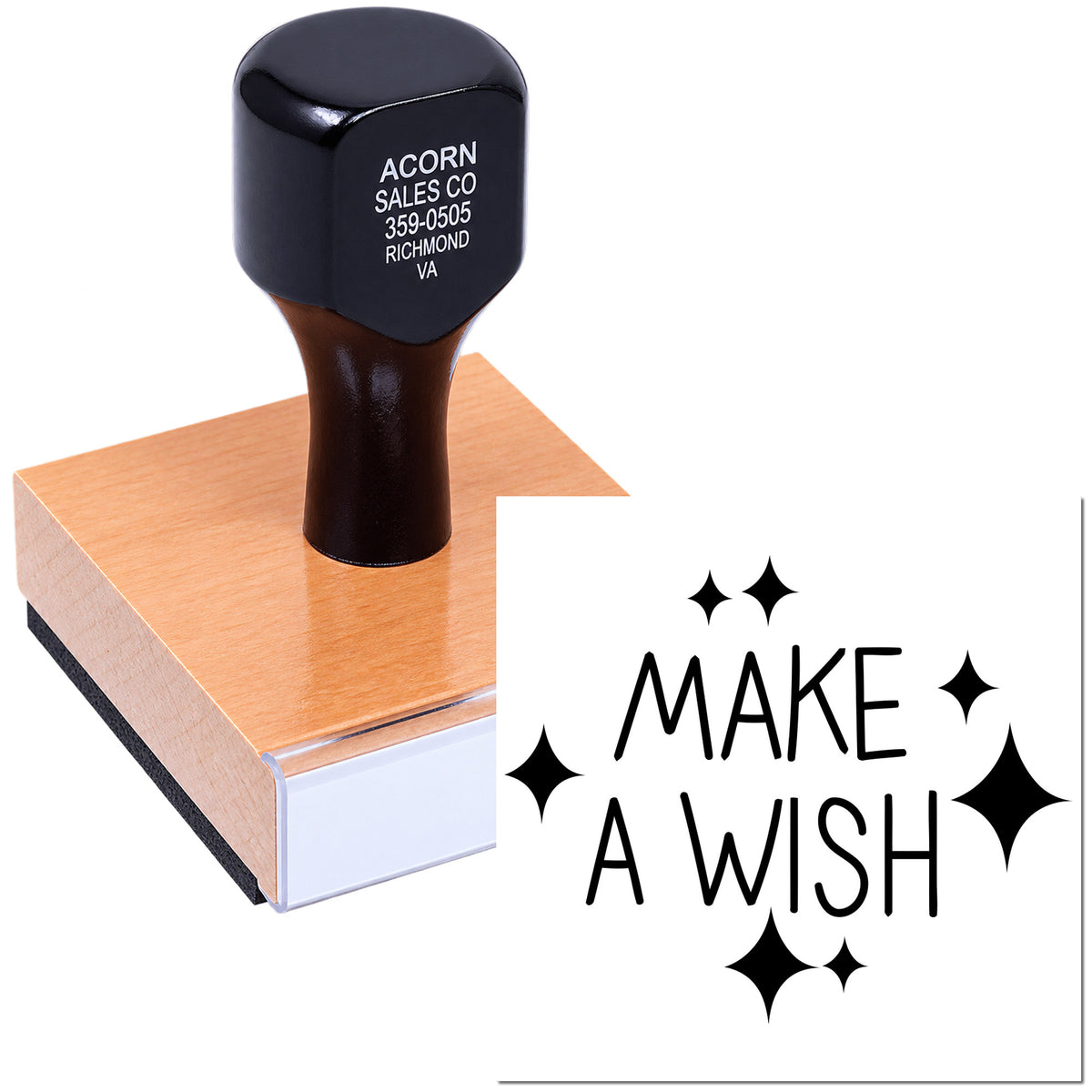 Custom rubber stamp with Make a Wish design and decorative sparkles, ideal for cards, crafts, and stamping projects.