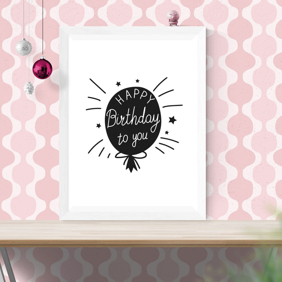 Birthday To You Balloon With Stars Stamp - Premium Vintage Pro Wooden imprint stamped in black ink. A dark oval balloon reads HAPPY Birthday to you and is surrounded by rays and stars.