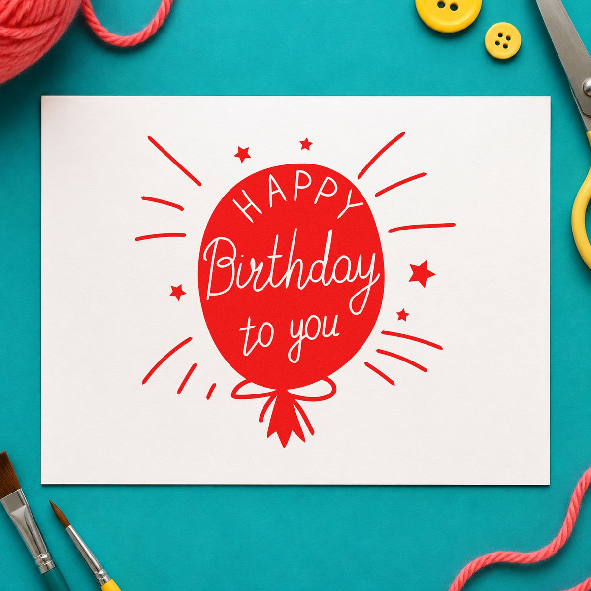 Birthday To You Balloon rubber stamp shown in red ink, stamped for projects such as bin color labels.
