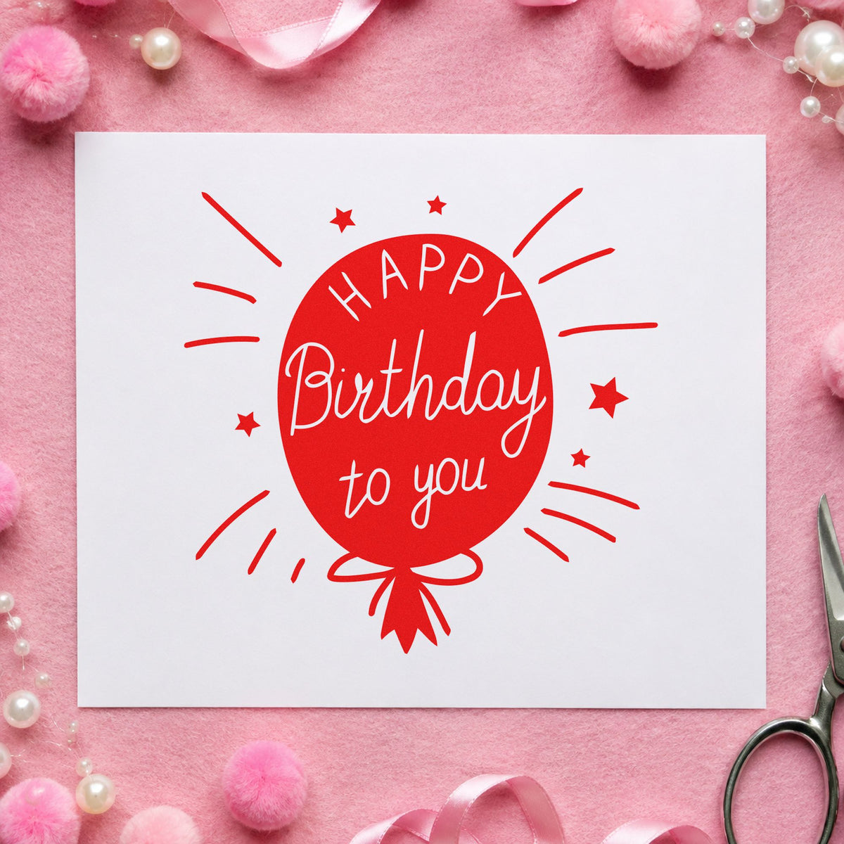 Birthday To You Balloon craft stamp imprint in red ink on a handmade project, one idea being care info cards.