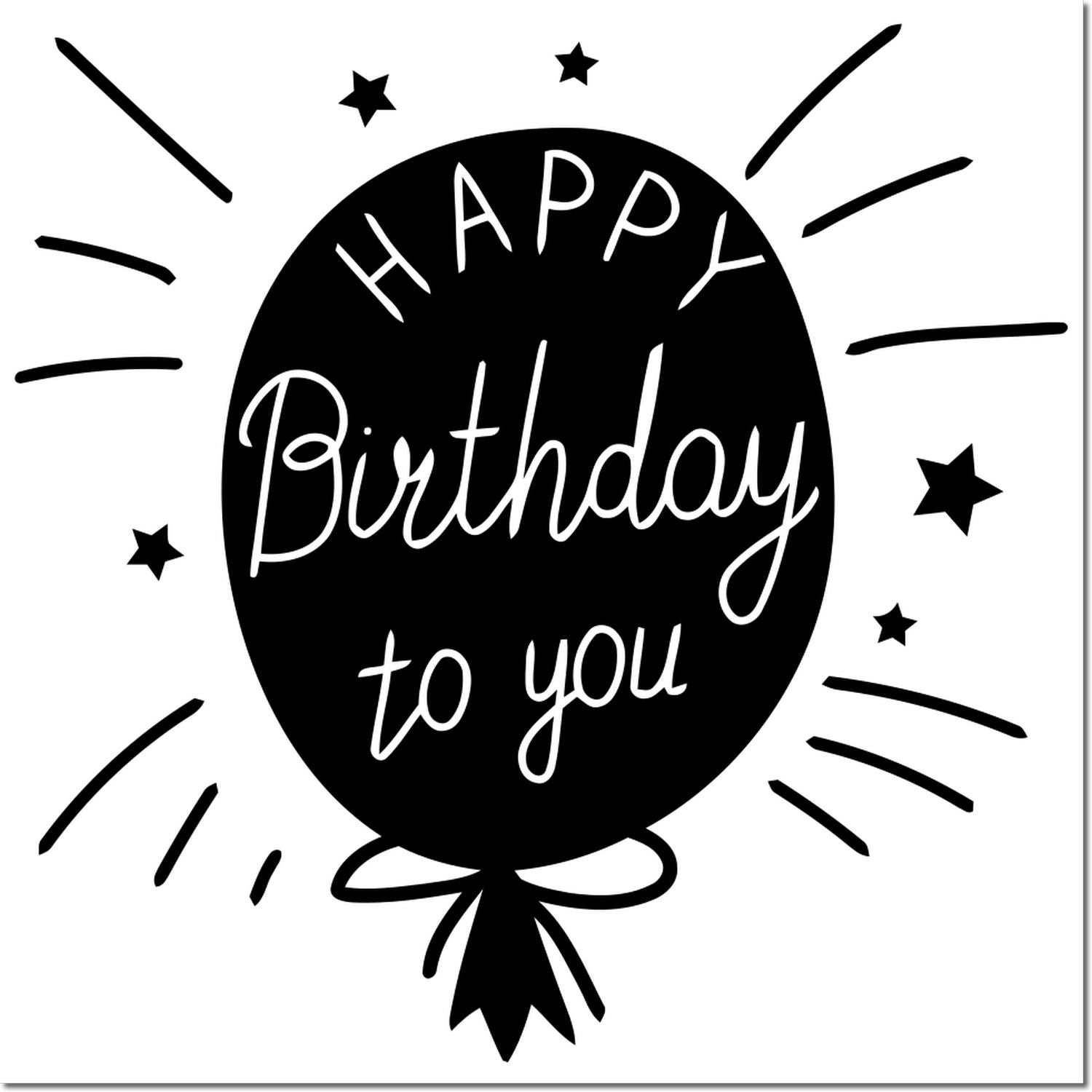 Happy Birthday rubber stamp design with balloon, stars, and festive lettering for birthday cards and crafts