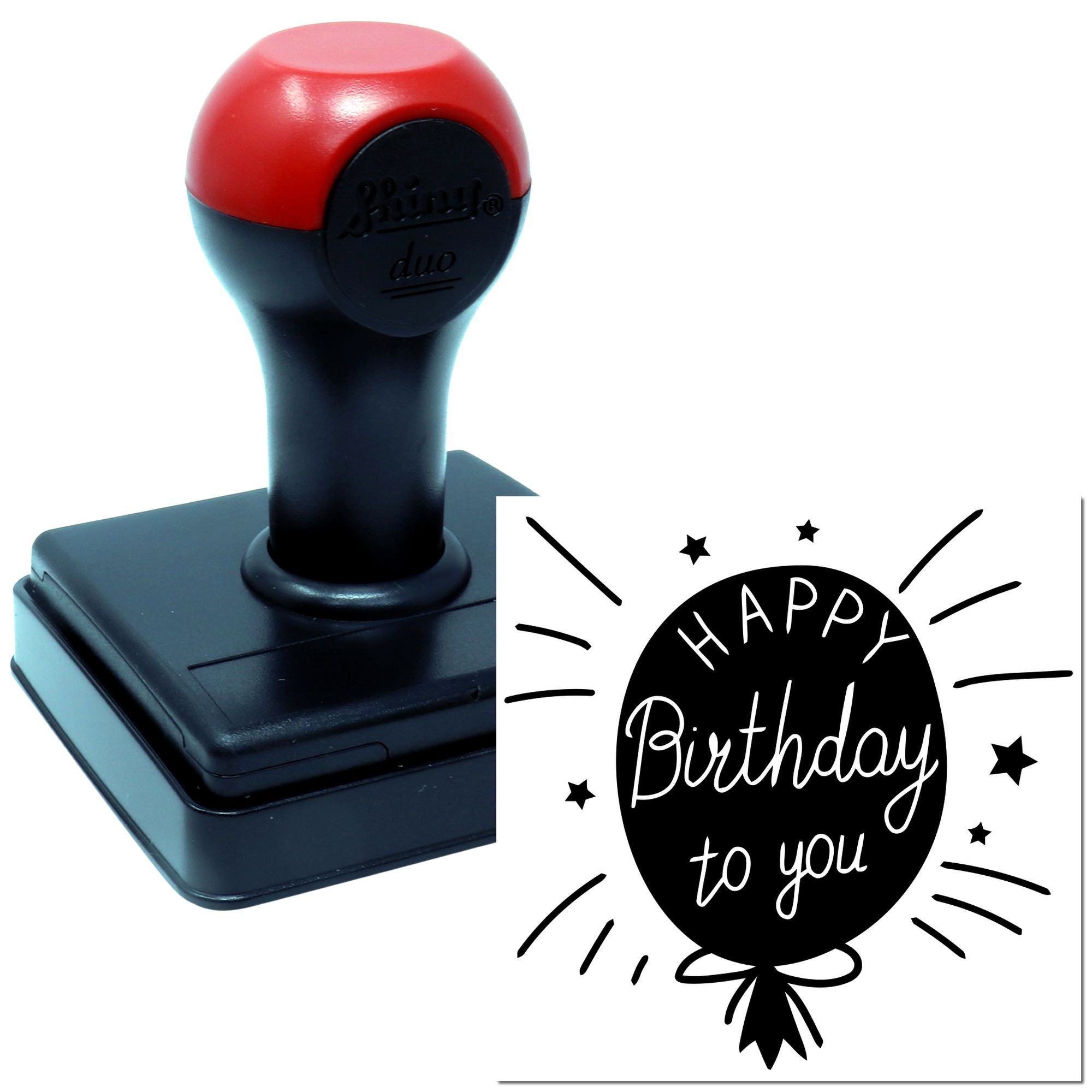 Self-inking Happy Birthday rubber stamp with balloon design for cards, gift tags, and party invitations.