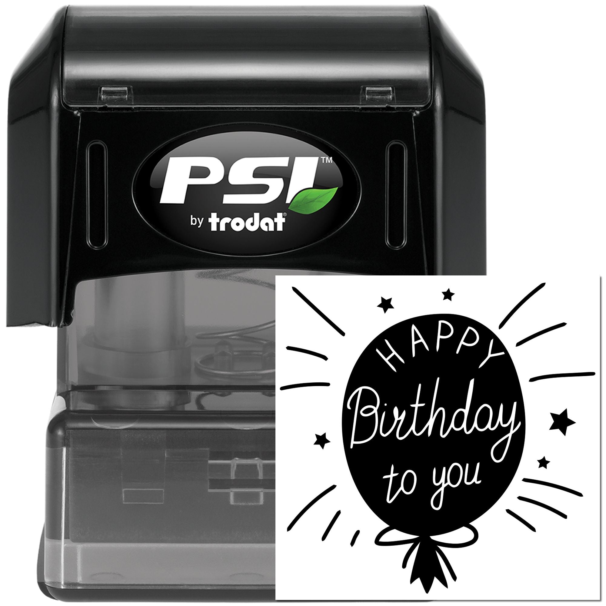 PSI by Trodat self-inking rubber stamp with Happy Birthday to You balloon design for custom party cards and gift tags.