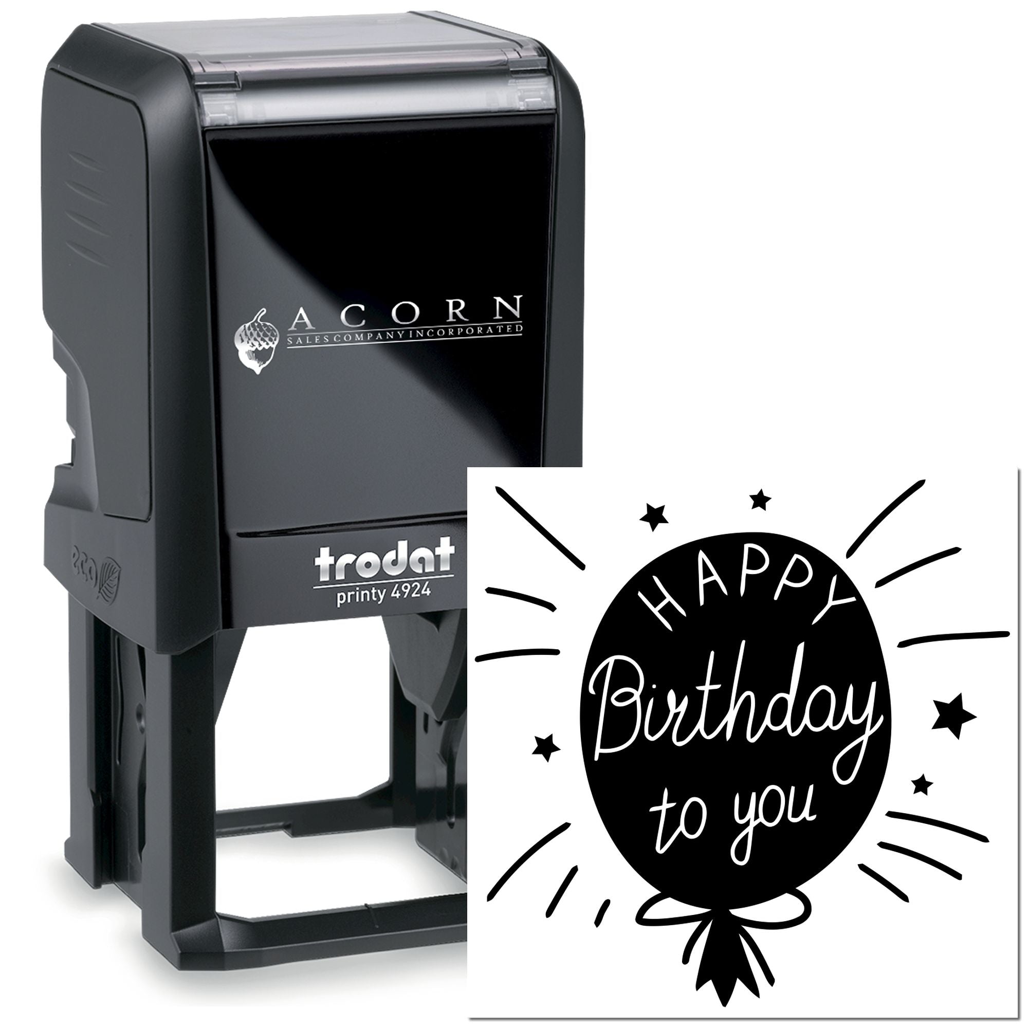 Custom self-inking birthday rubber stamp with Happy Birthday to You design for personalized cards and packaging