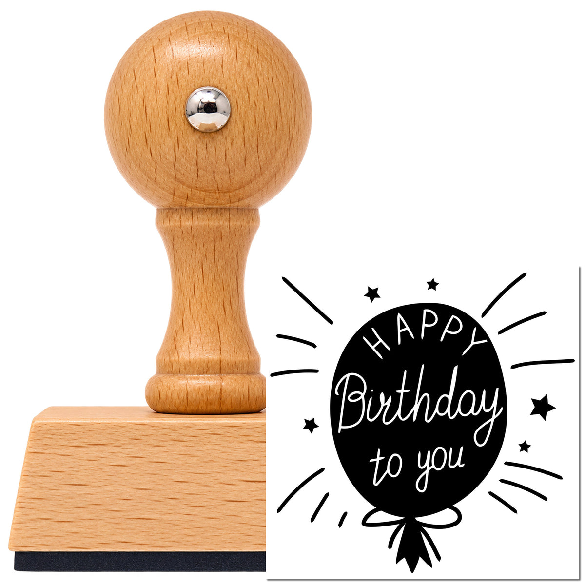 Birthday To You Balloon With Stars Vintage Pro rubber stamp in European beech wood with a round knob handle, shown beside its black imprint.