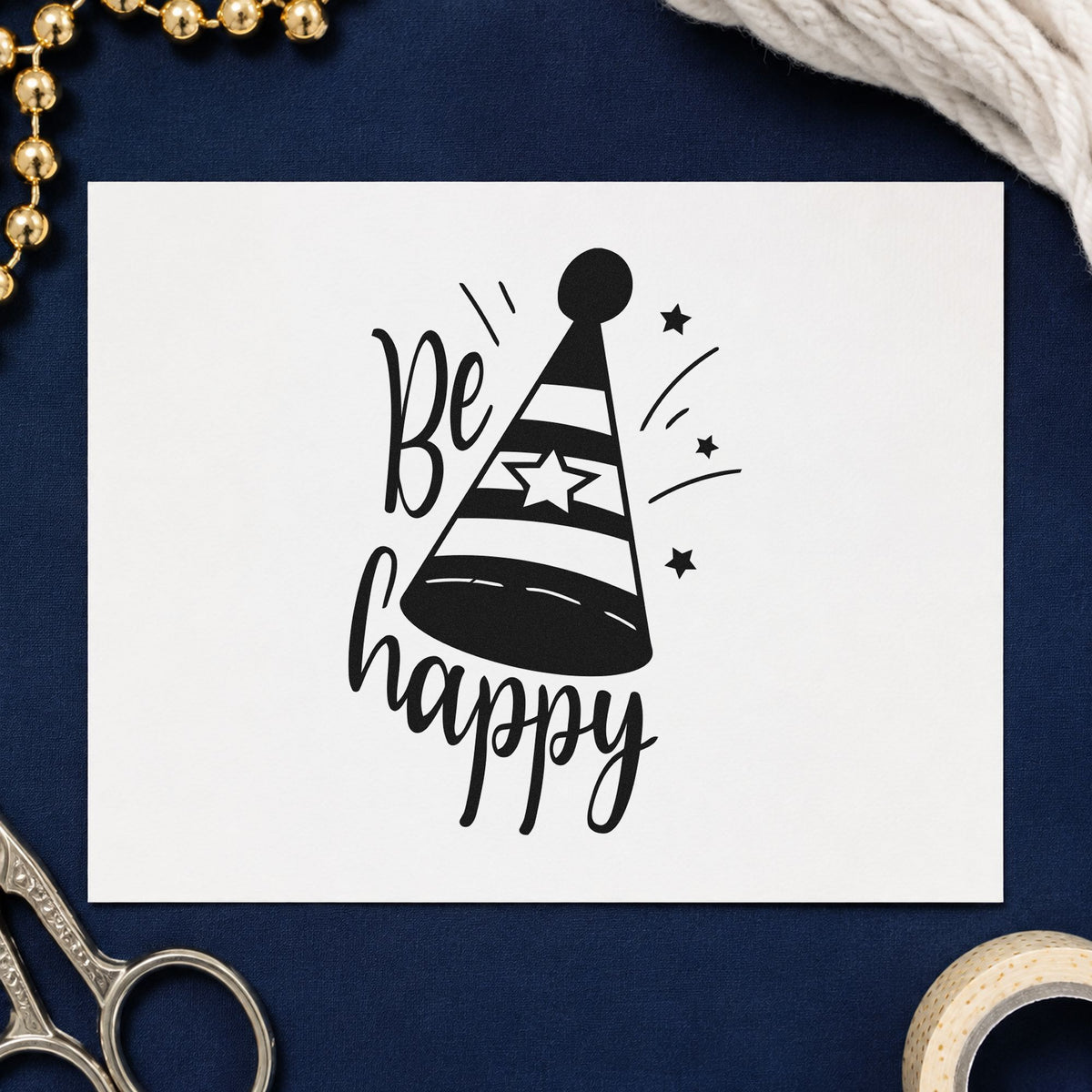 Be Happy Party Hat craft stamp in black ink on cardstock, an easy option for remote year album page.