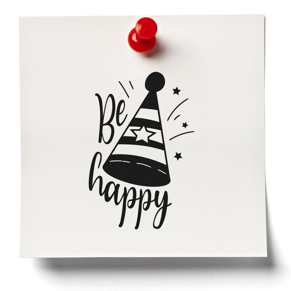 Be Happy Party Hat Premium Wood-Mounted Stamp - Vintage Pro imprint stamped in black ink. Be happy appears beside a striped party hat decorated with a star and radiating accents.