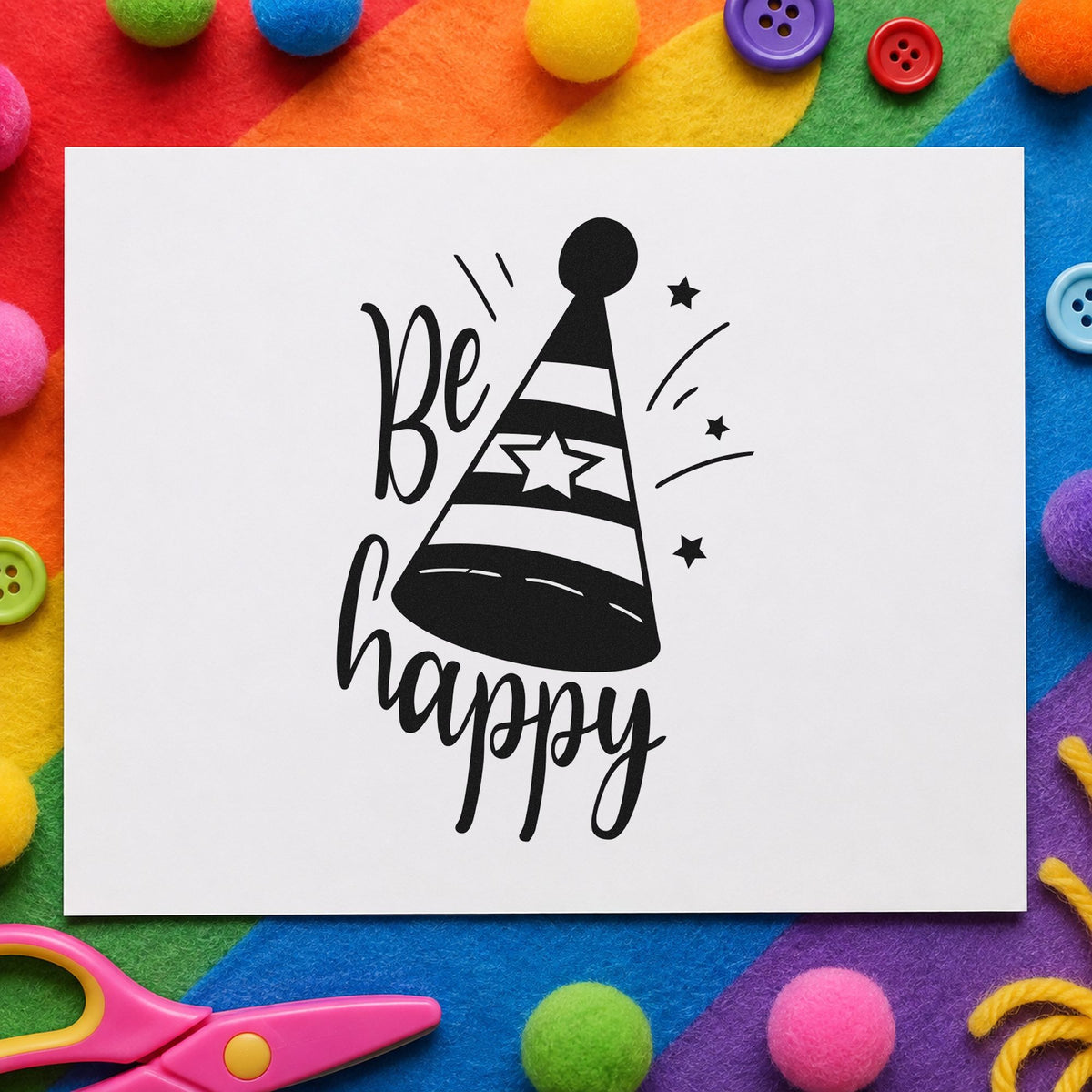 Be Happy Party Hat craft stamp imprint in black ink on a handmade project, one idea being posted gift tags.