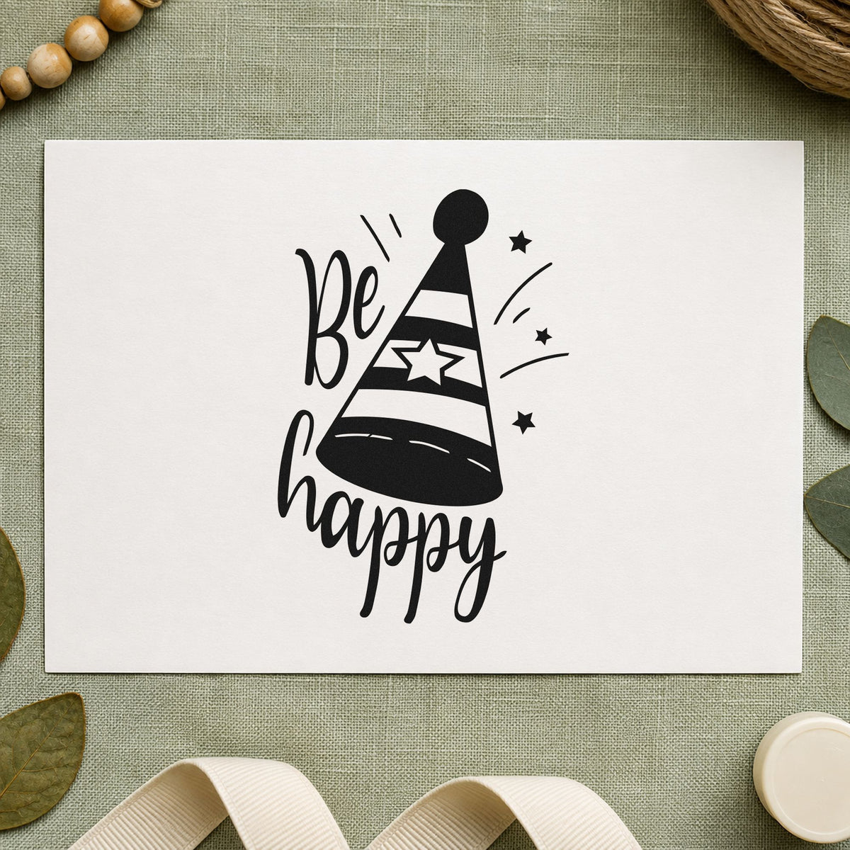 Be Happy Party Hat rubber stamp printed in black ink, ready for call time sheet and similar paper crafts.