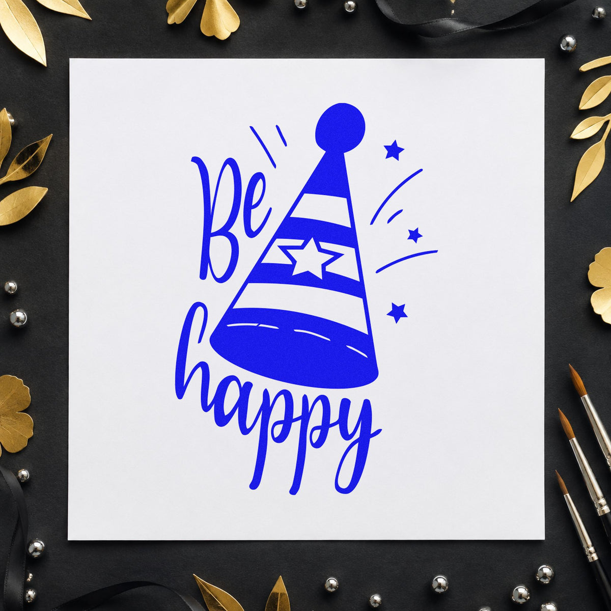 Be Happy Party Hat craft stamp imprinted in blue ink on paper, a design suited to framed home desk.