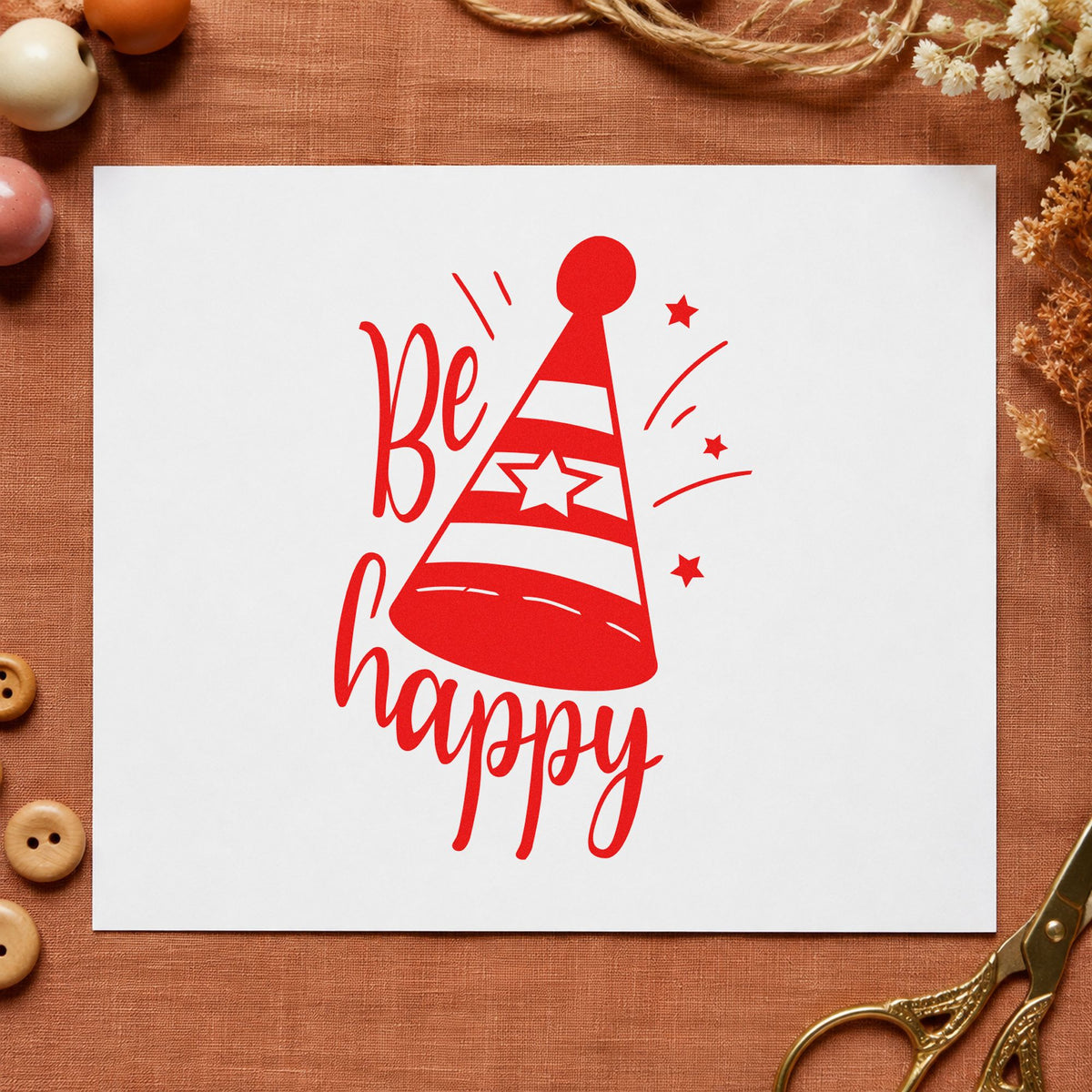 Be Happy Party Hat craft stamp imprint in red ink on a handmade project, one idea being group sign cards.