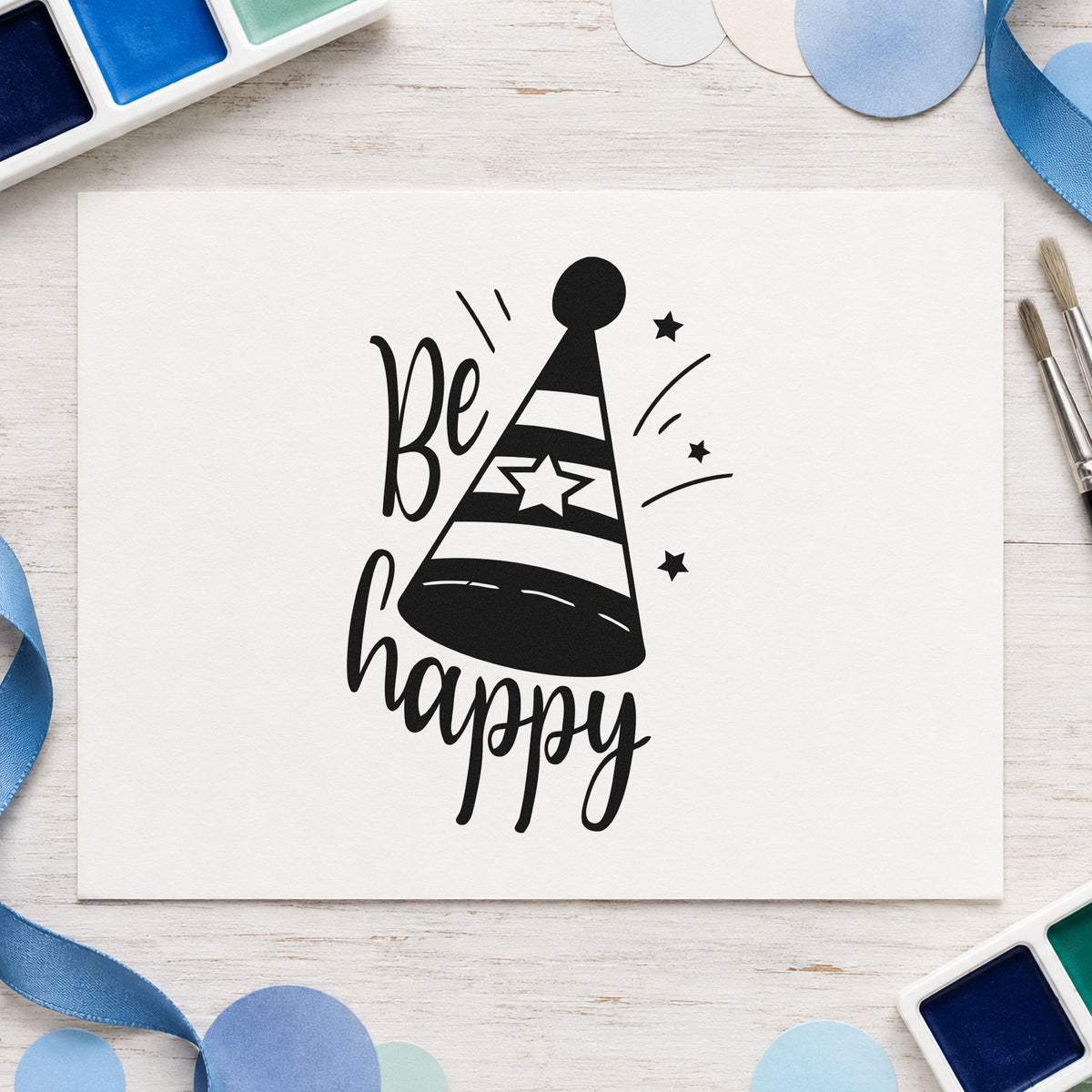 Be Happy Party Hat rubber stamp printed in black ink, ready for striped hat cards and similar paper crafts.