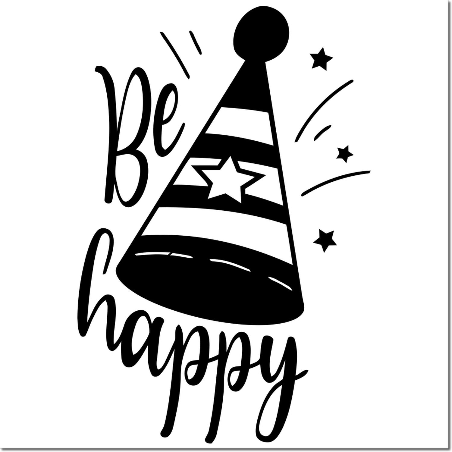 Be happy party hat rubber stamp design with stars, perfect for cheerful cards, crafts, and celebration projects.