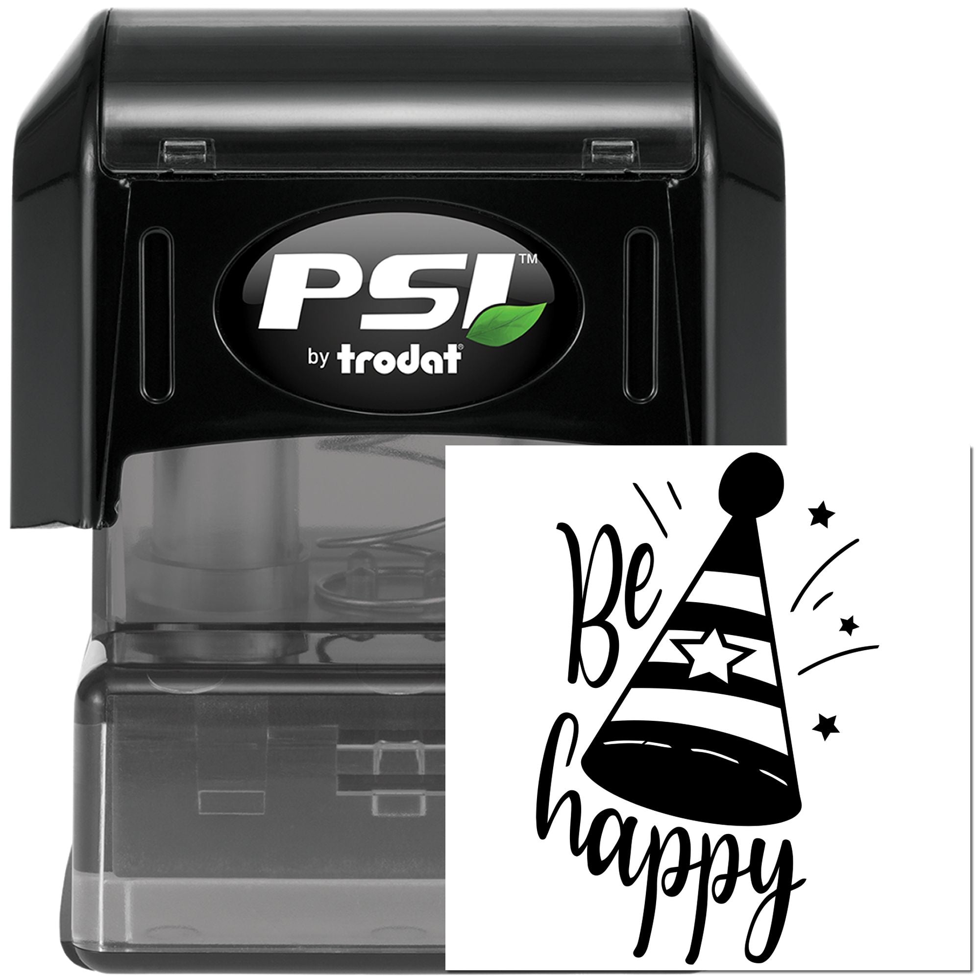 PSI by Trodat self-inking rubber stamp with Be Happy party hat design, ideal for custom greeting and celebration stamping.