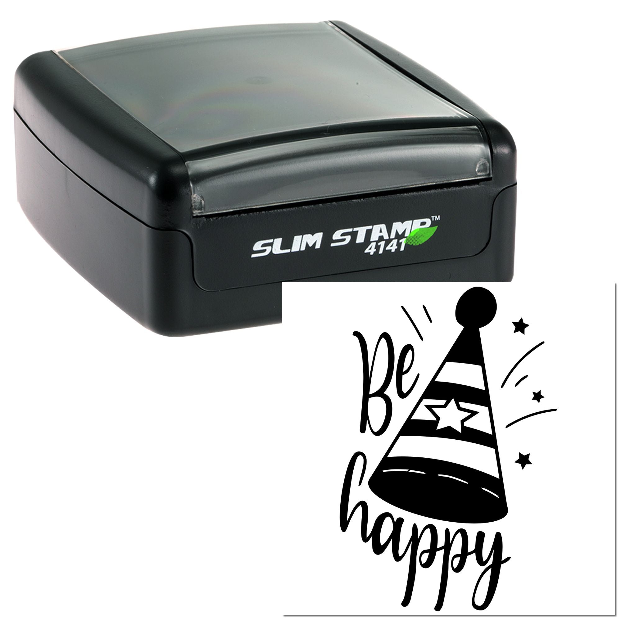 Slim self-inking rubber stamp with Be Happy party hat design for custom greeting cards and celebration crafts.