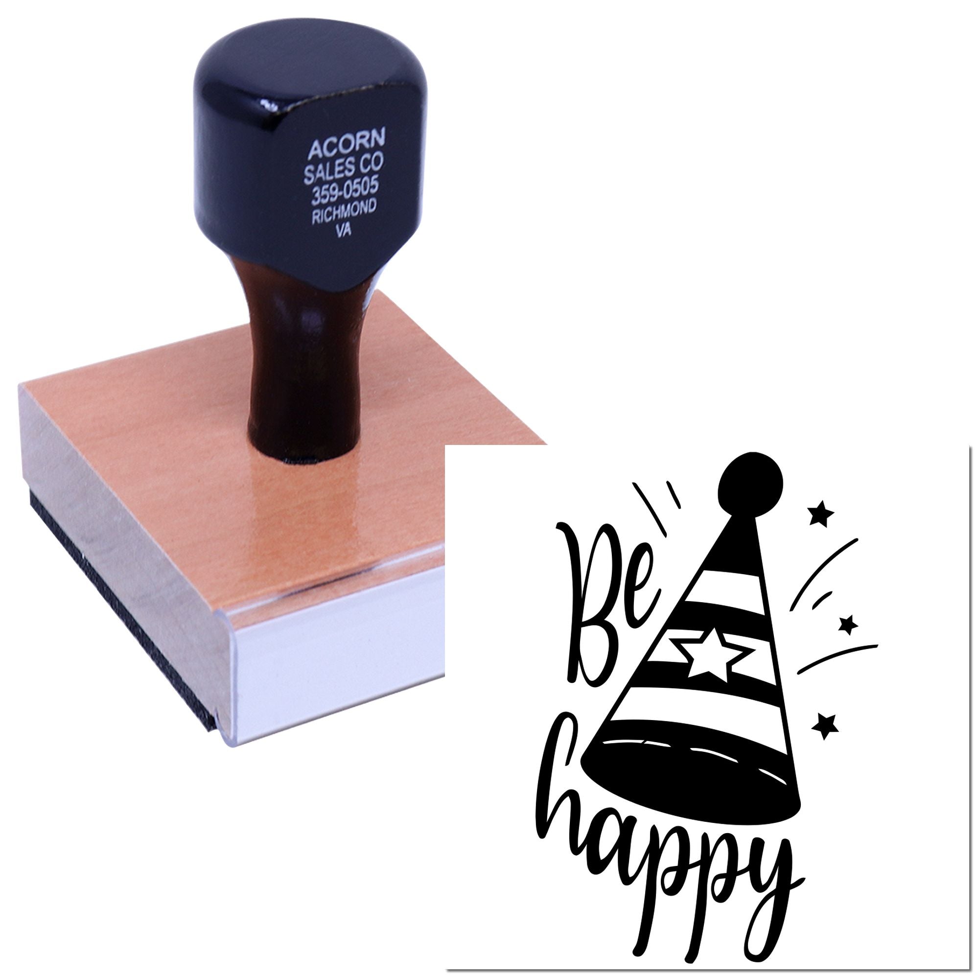 Custom rubber stamp featuring a Be Happy party hat design for crafts, scrapbooking, and festive card making.