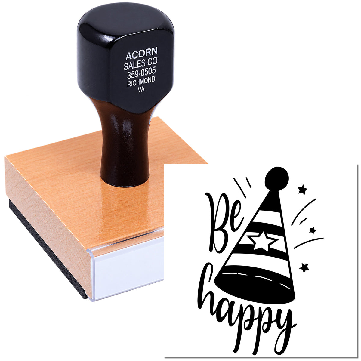 Custom rubber stamp featuring a Be Happy party hat design for crafts, scrapbooking, and festive card making.