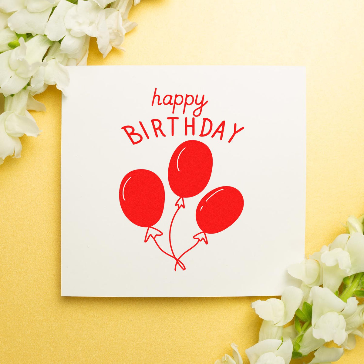 Birthday Three Balloon Bouquet rubber stamp shown in red ink, stamped for projects such as shop year album page.