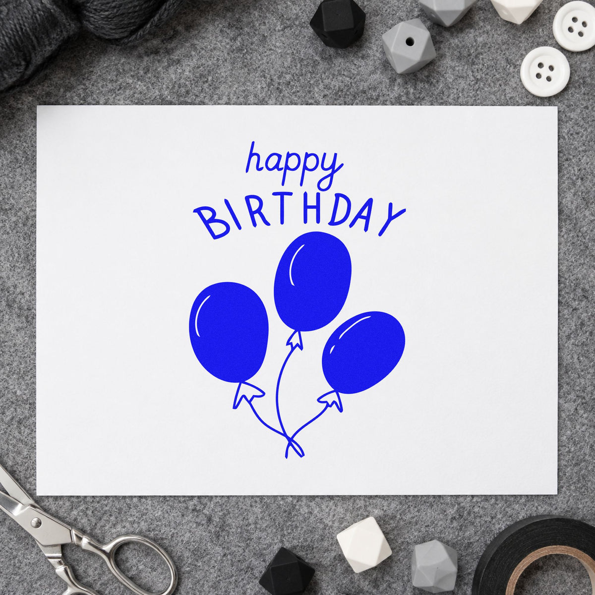 Birthday Three Balloon Bouquet craft stamp in blue ink on cardstock, an easy option for cape hem printing.