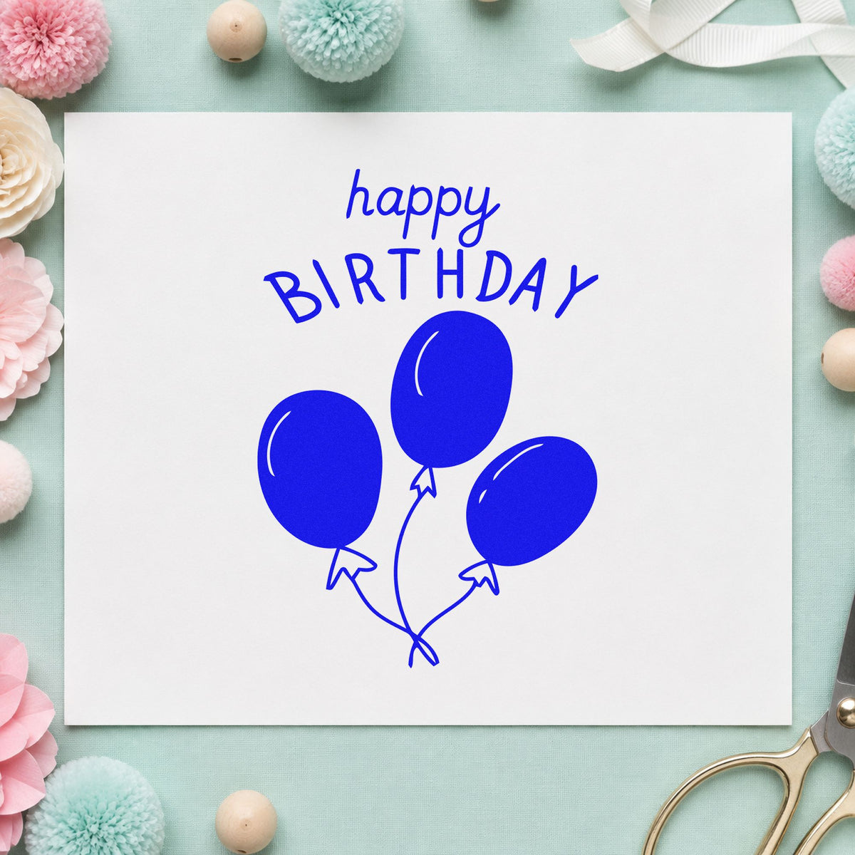 Birthday Three Balloon Bouquet craft stamp imprinted in blue ink on paper, a design suited to framed barber station.