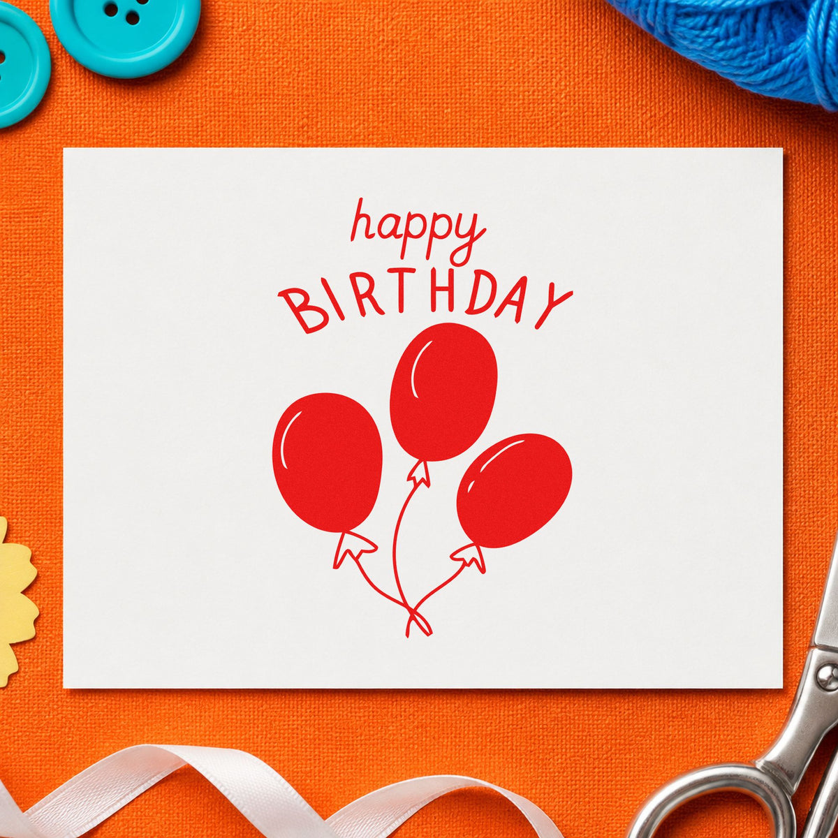 Birthday Three Balloon Bouquet craft stamp imprint in red ink on a handmade project, one idea being rebook slip cards.