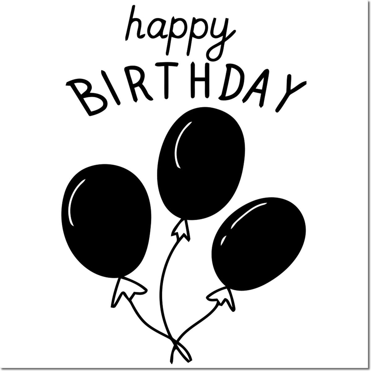 Happy Birthday balloon rubber stamp design for birthday cards, featuring three black balloons and festive lettering.