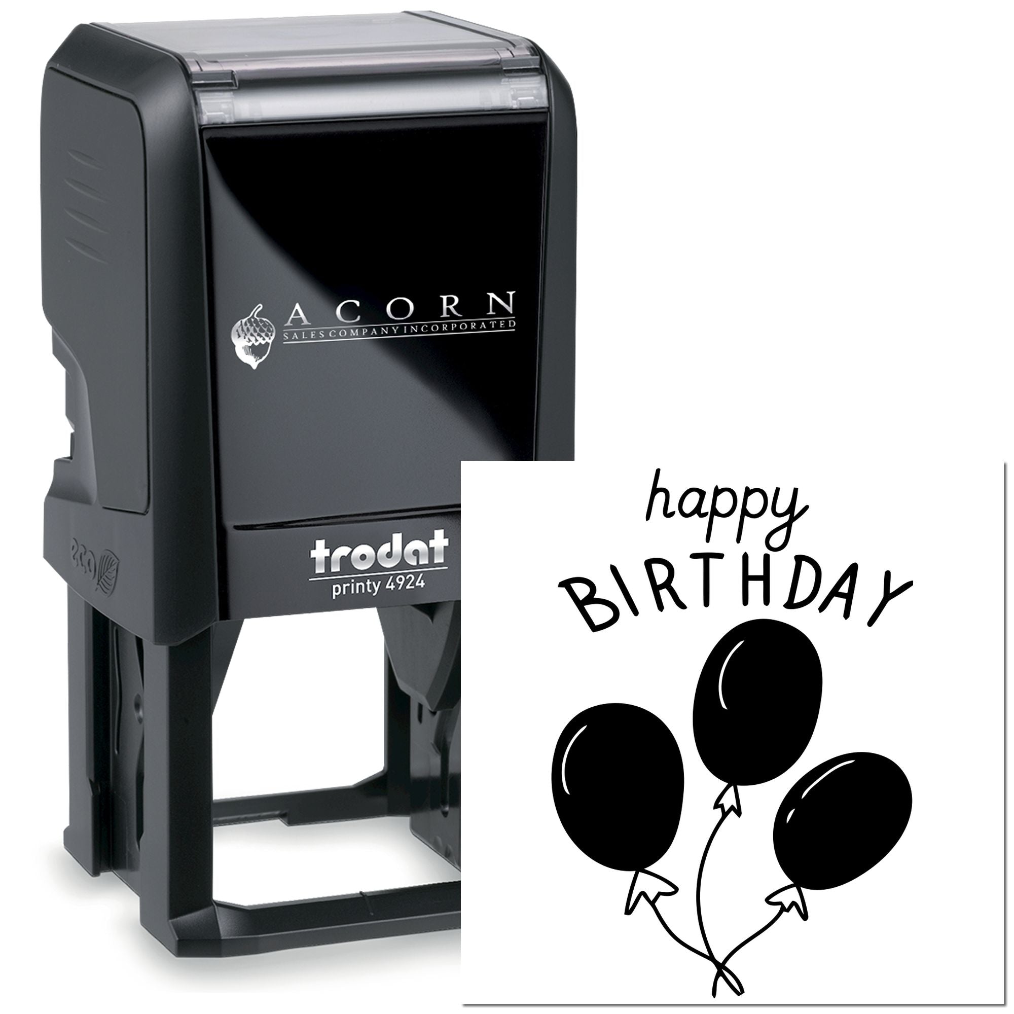 Trodat Printy 4924 self-inking rubber stamp featuring a happy birthday balloons design for custom birthday stamping.