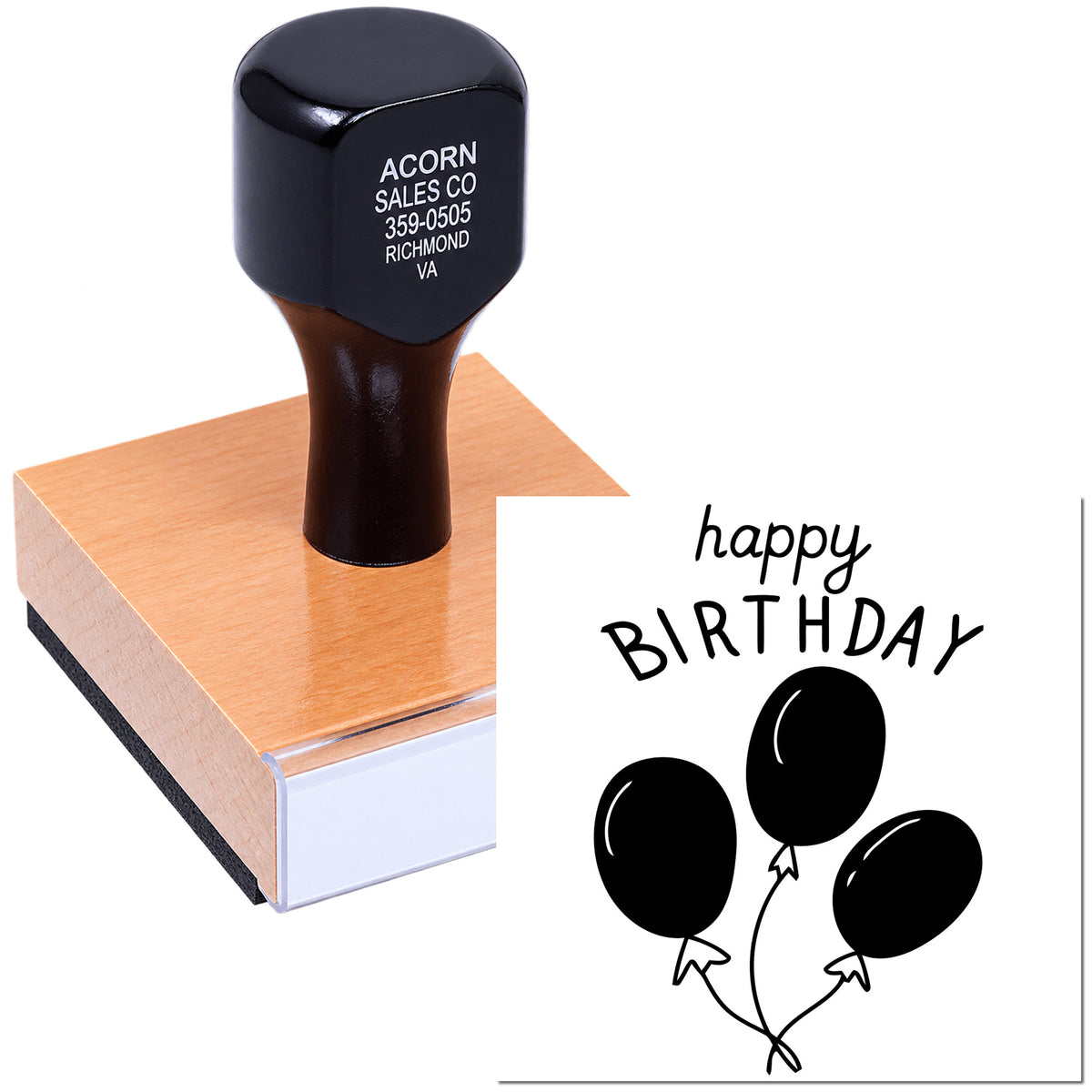 Custom happy birthday rubber stamp with balloon design for greeting cards, party invitations, and craft projects.